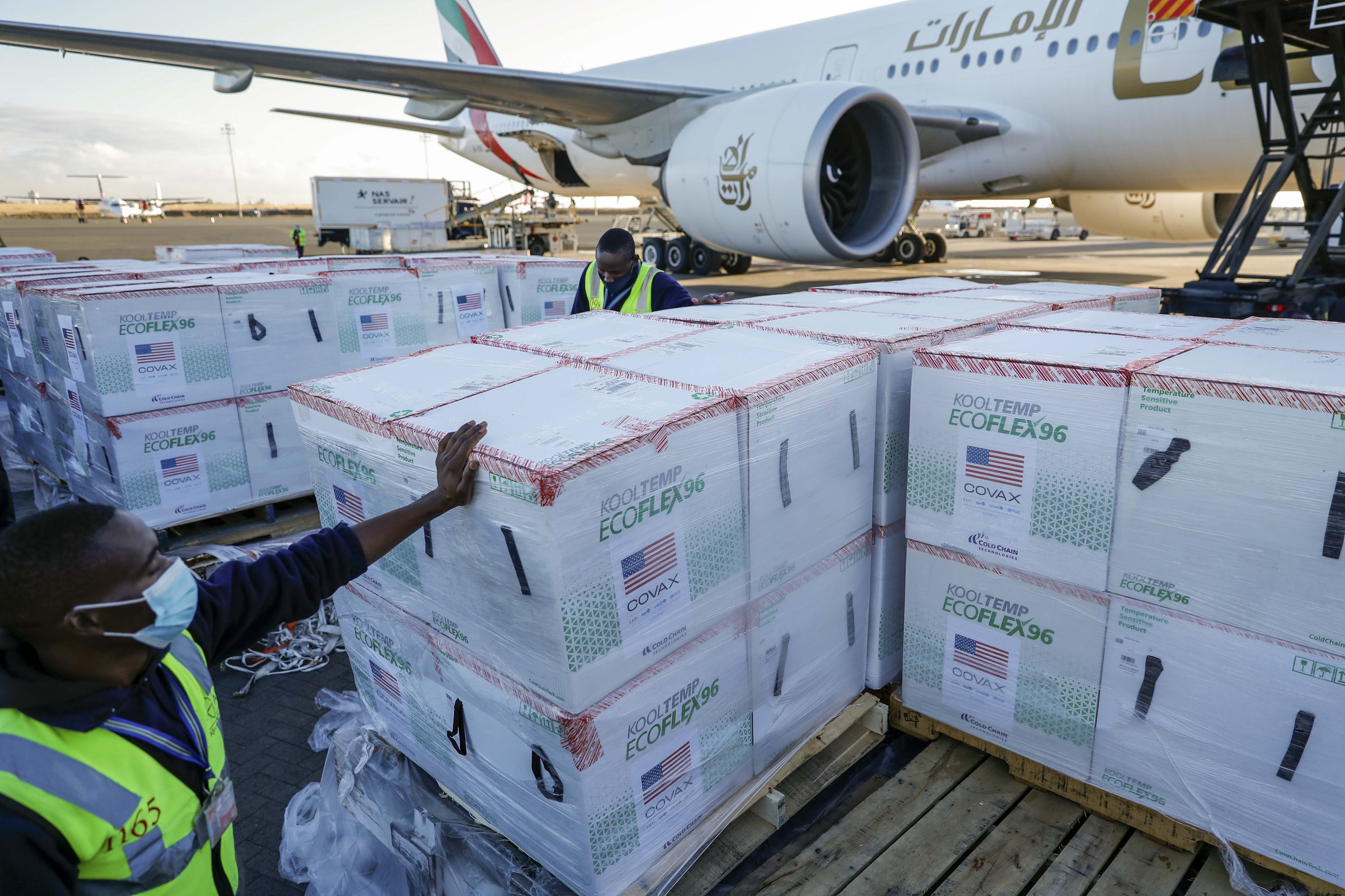 Boxes of Moderna coronavirus vaccine, donated by the U.S. government via the COVAX facility, after their arrival at the airport in Nairobi, Kenya on Aug. 23, 2021. Moderna signed a memorandum of understanding with Kenya's government on Monday, for the drugmaker's first mRNA vaccine manufacturing facility in Africa, the company said. 