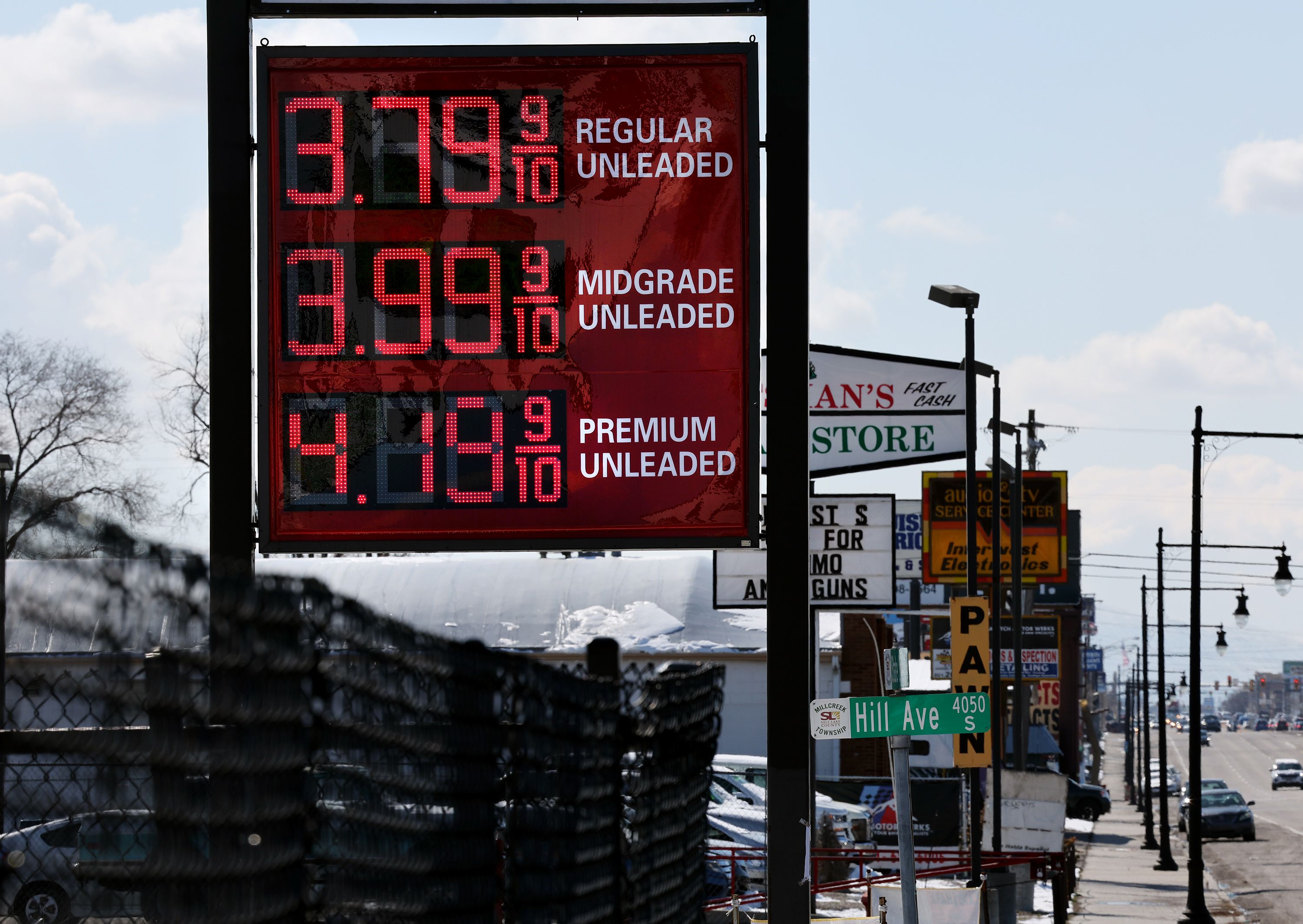 Gas prices in and around Salt Lake City are advertised on Monday. The average U.S. cost of gas crossed the $4 per gallon threshold over the weekend for the first time since 2008.