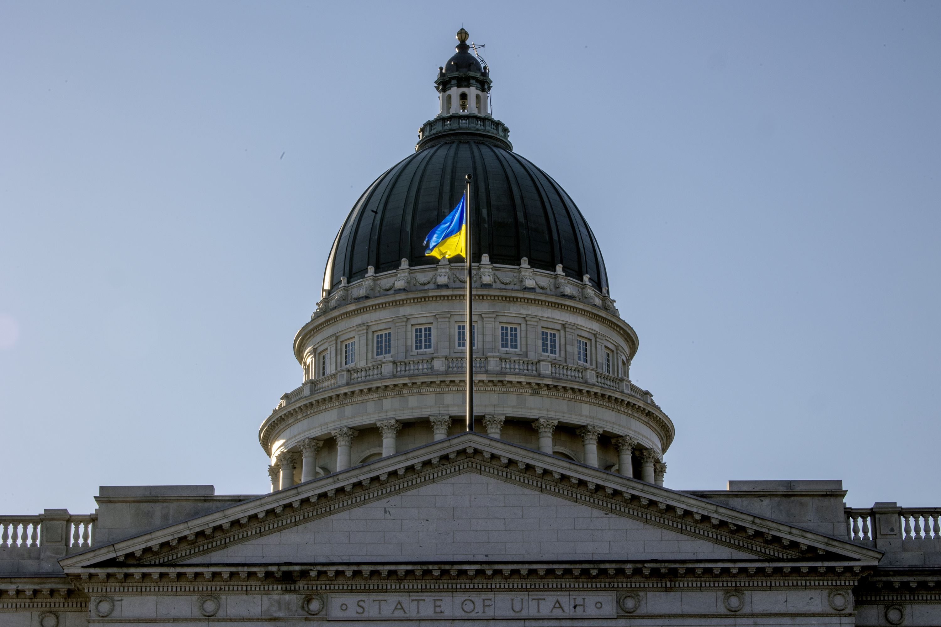 The Ukrainian flag flies at the Capitol in Salt Lake City on Monday, Feb. 28. August Mission, a Utah-based non-profit on Tuesday will be deploying a humanitarian aid team to Poland to assist Ukrainian refugees.
