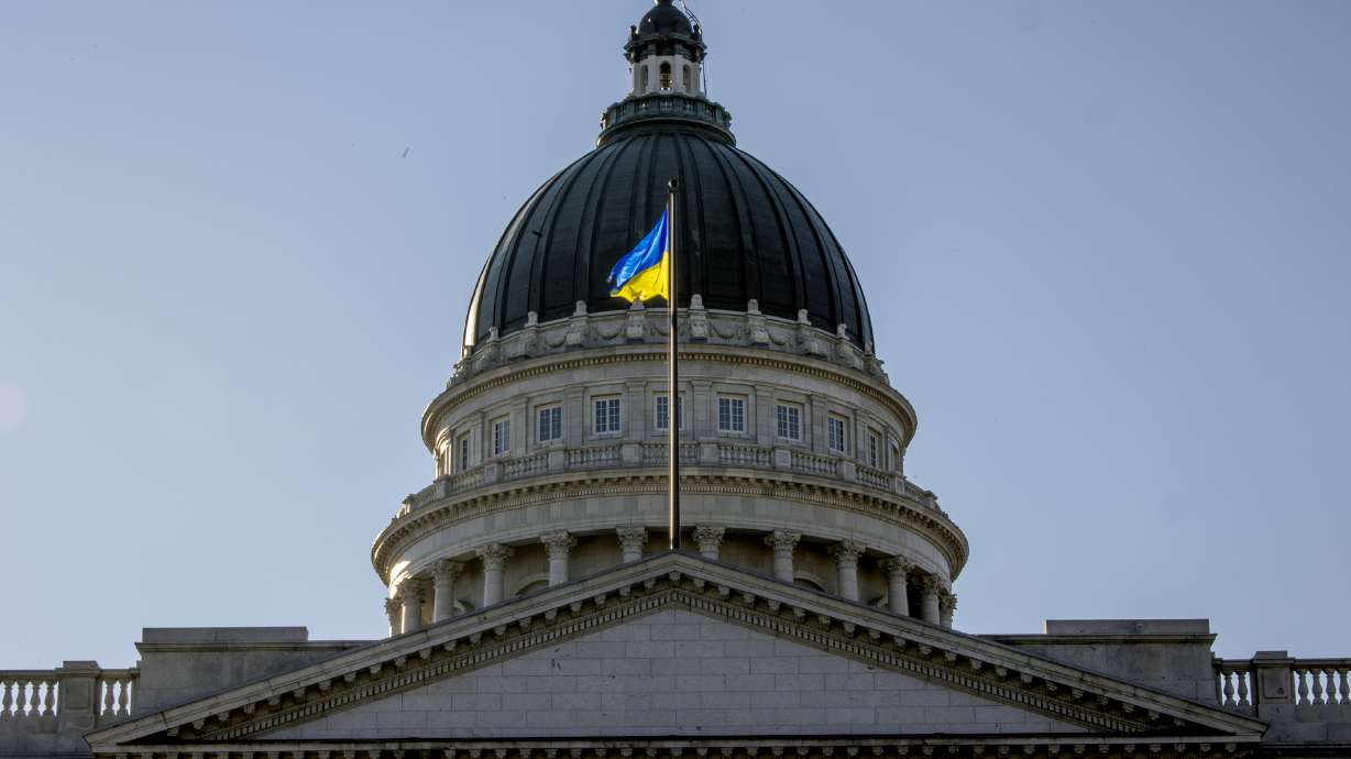 The Ukrainian flag flies at the Capitol in Salt Lake City on Monday, Feb. 28. August Mission, a Utah-based non-profit on Tuesday will be deploying a humanitarian aid team to Poland to assist Ukrainian refugees.