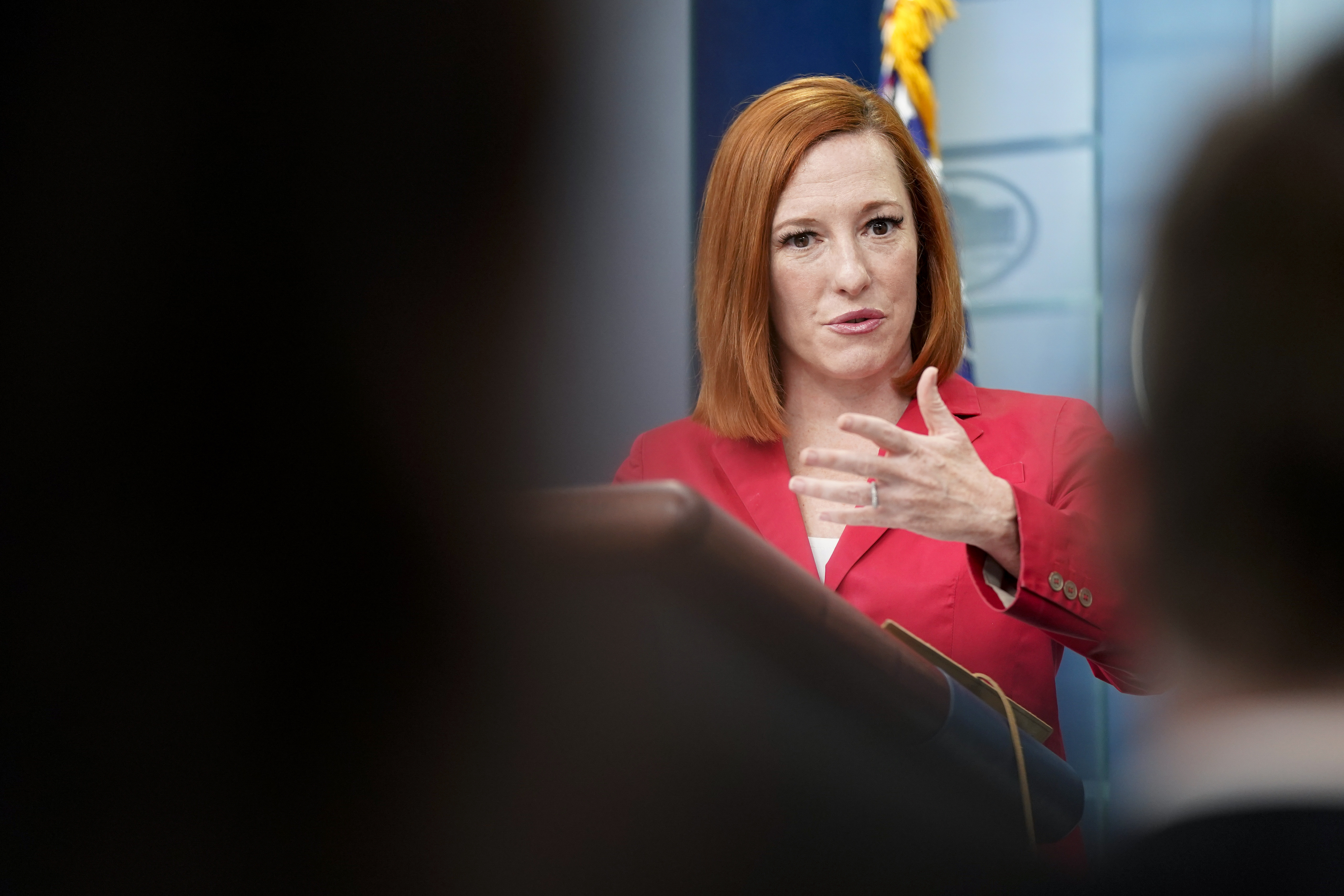 White House press secretary Jen Psaki speaks during a press briefing at the White House, Monday, in Washington.