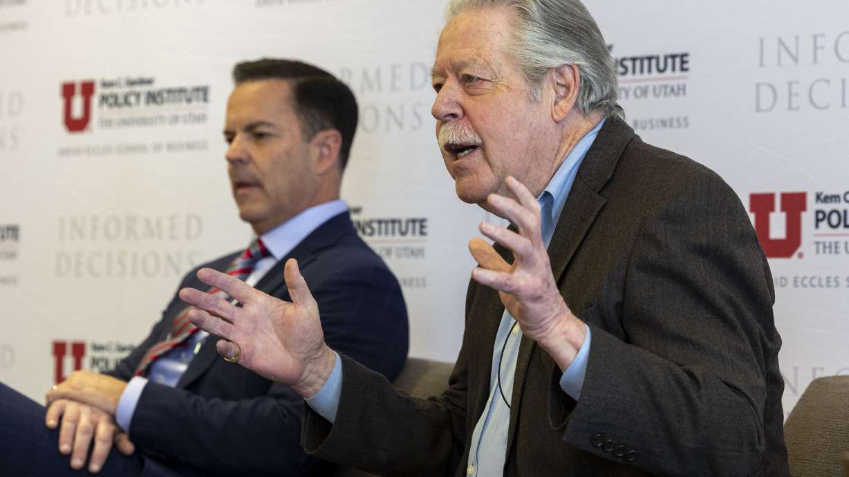 House Speaker Brad Wilson, R-Kaysville, left, listens as Sen. Gene Davis, D-Salt Lake City, speaks during a panel discussion on the 2022 legislative session at the Thomas S. Monson Center in Salt Lake City on Tuesday. Local control is a contentious issue practically every year during the Utah Legislature's 45-day general session, which this year concluded Friday at midnight.