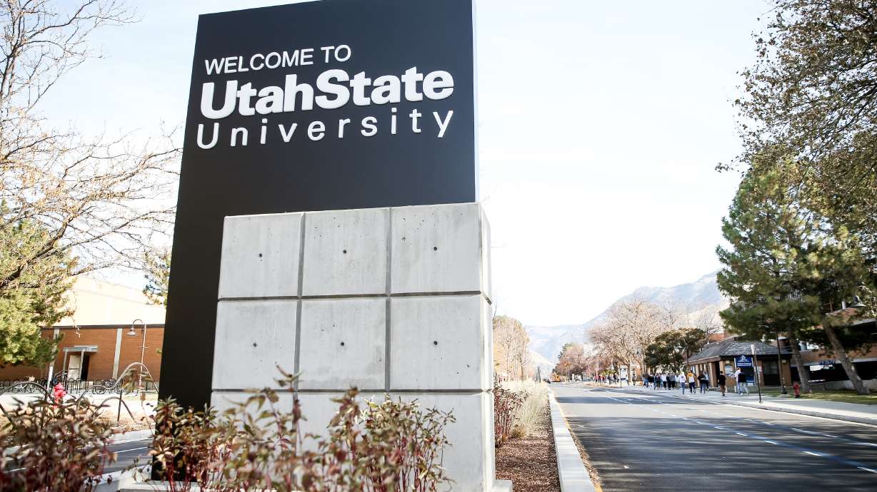 A sign greets visitors to the campus of Utah State University in Logan on Thursday, Nov. 14. Through appropriated ongoing funding from the Utah legislature this year, the new College of Veterinary Medicine at Utah State University has been established, making it the first school of its kind in the state.