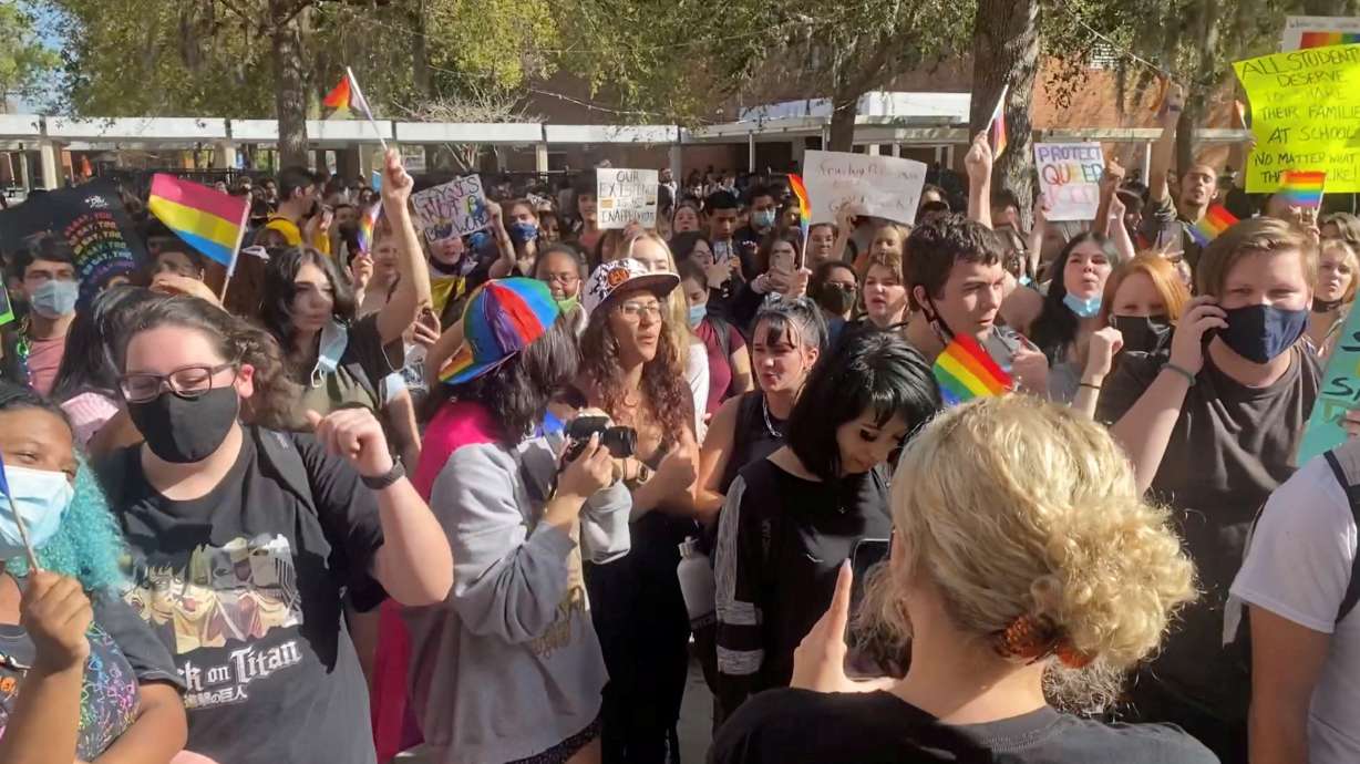 Students gather to protest after Florida's House of Representatives approved a Republican-backed bill that would prohibit classroom discussion of sexual orientation and gender identity, in Winter Park, Florida, Monday.