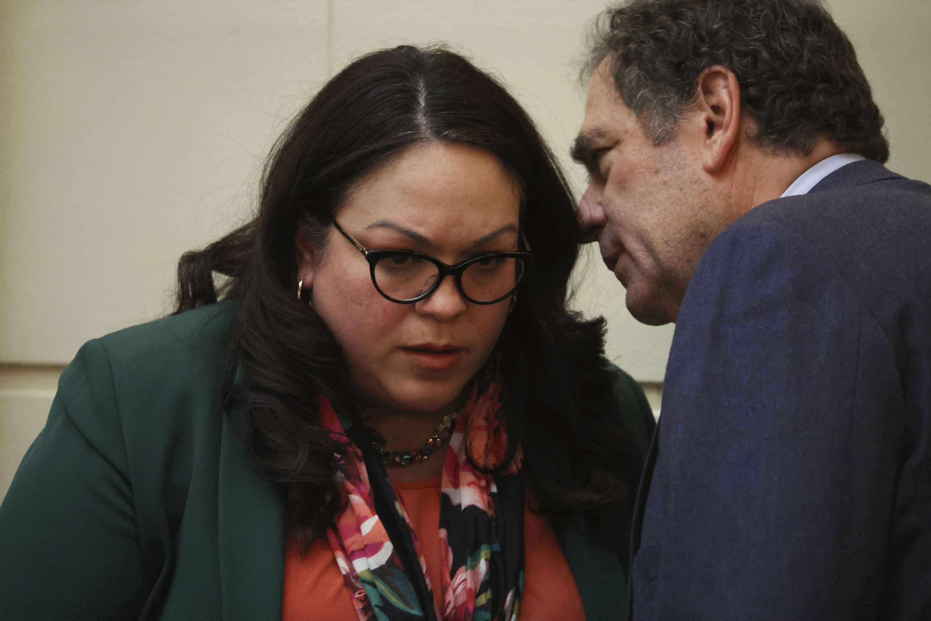 Senate Minority Whip Luz Escamilla, D-Salt Lake City, and Rep. Brian King, D-Salt Lake City, discuss HB11 during the last evening of the Utah Legislature’s 2022 general session at the Capitol in Salt Lake City on Friday, March 4, 2022. The bill bans transgender girls from competing in high school sports.