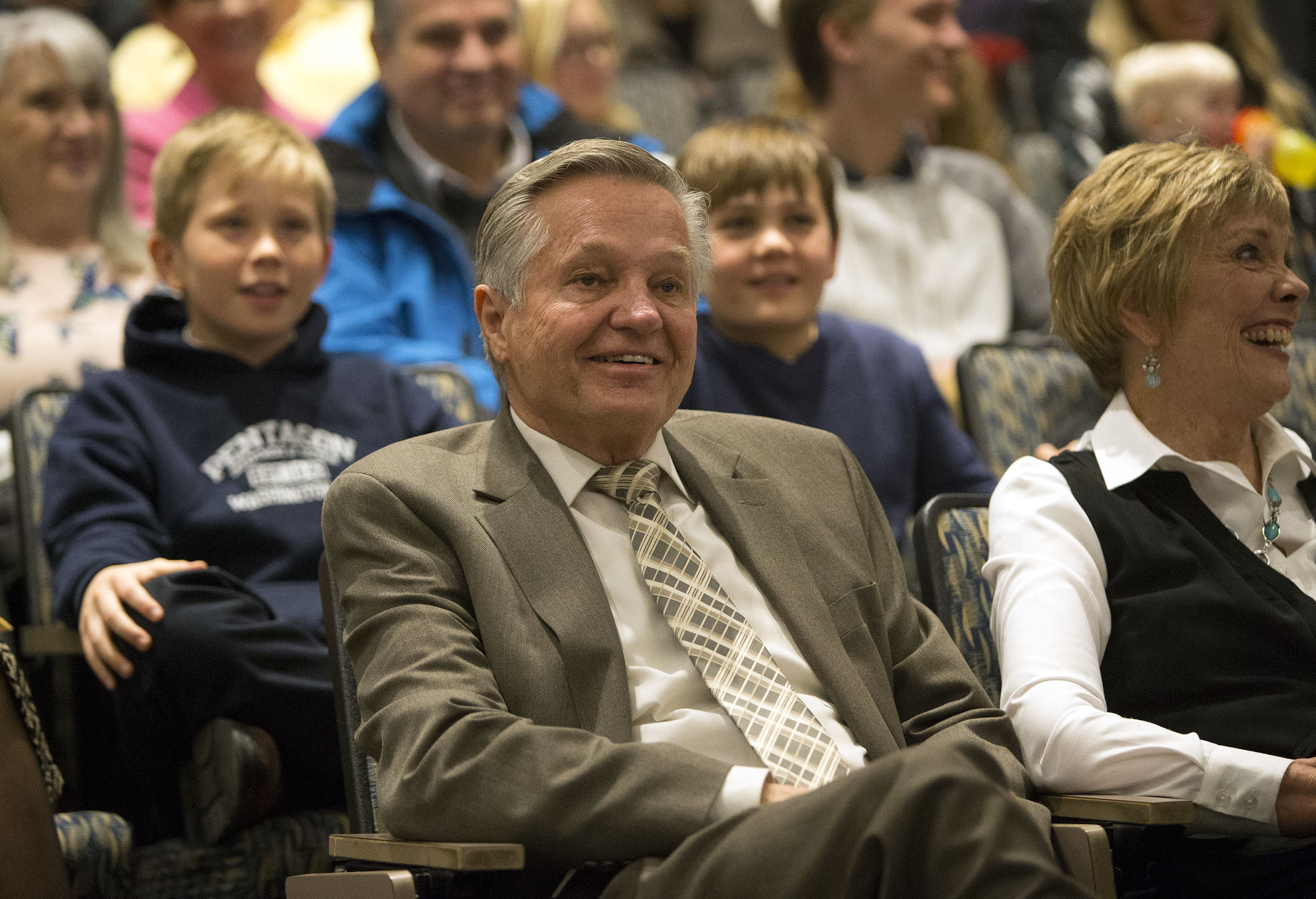 Salt Lake County deputy district attorney Robert Stott listens to speakers roast him at his retirement party in Salt Lake City on Jan. 29, 2016. He died Saturday at the age of 77.