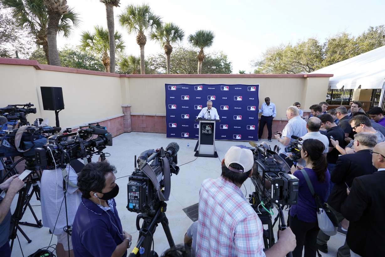 Major League Baseball Commissioner Rob Manfred speaks during a news conference after negotiations with the players' association toward a labor deal, Tuesday, March 1, 2022, at Roger Dean Stadium in Jupiter, Fla. Manfred said he is canceling the first two series of the season that was set to begin March 31, dropping the schedule from 162 games to likely 156 games at most. Manfred said the league and union have not made plans for future negotiations. Players won't be paid for missed games.