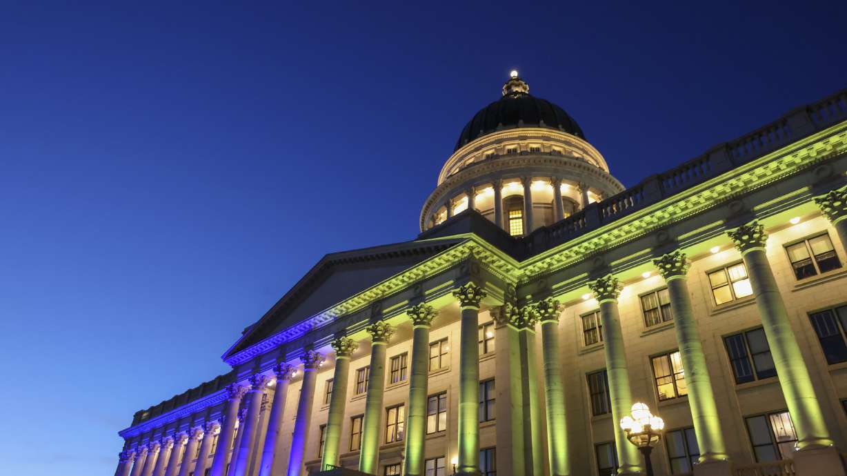 The Utah State Capitol lights up in blue and yellow to support Ukraine on Feb. 28. Russia's invasion of Ukraine has created some unimaginable and unique challenges for a technology consulting company founded in Ukraine that services clients throughout the world, including several in Utah.