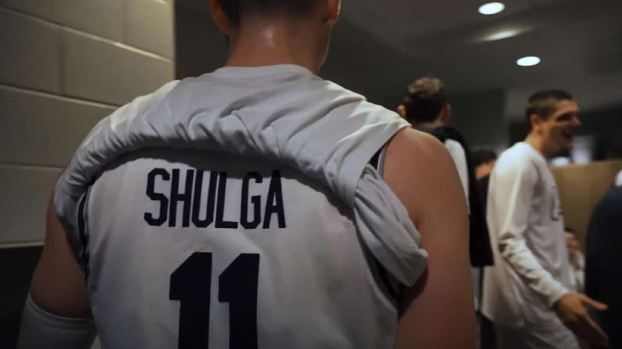 Max Shulga walks into the locker room before a game with Utah State men's basketball during the 2021-22 season. Shulga, who hails from Kyiv, Ukraine, had 11 points and four rebounds in the Aggies' Mountain West Tournament opener, Wednesday, March 9, 2022 in Las Vegas.