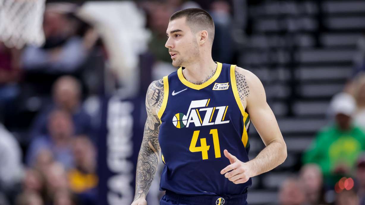 Utah Jazz forward Juancho Hernangomez (41) moves downcourt during the game against the Orlando Magic at Vivint Arena in Salt Lake City on Friday, Feb. 11, 2022. The Jazz forward is set to star in an upcoming Adam Sandler movie.