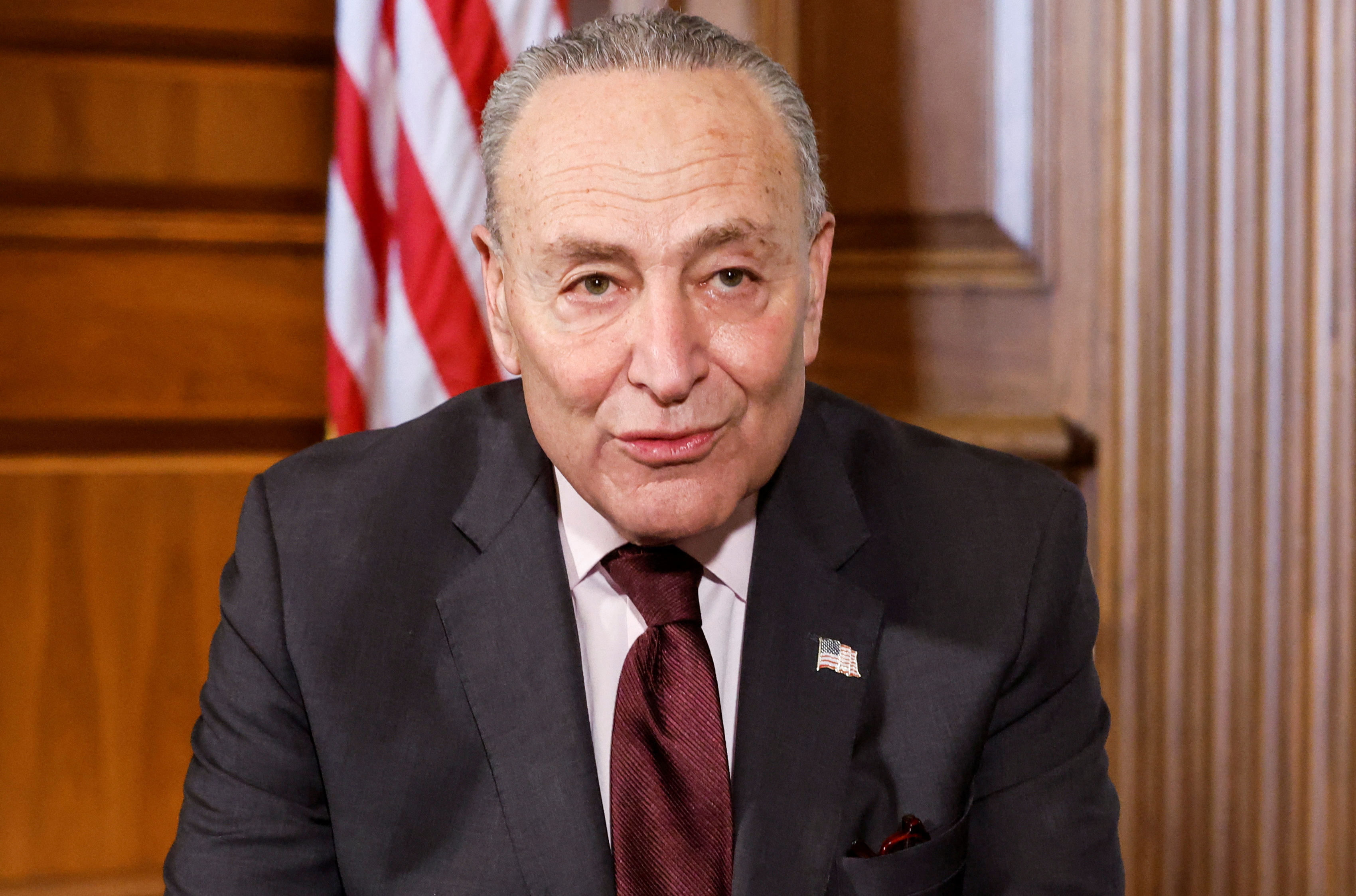 U.S. Senate Majority Leader Chuck Schumer, D-N.Y., hosts a meeting in Washington, March 2. Democrats and Republicans in the Senate worked on Thursday to reach a deal to quickly pass a $1.5 trillion bill providing emergency aid to Ukraine and funding the government.