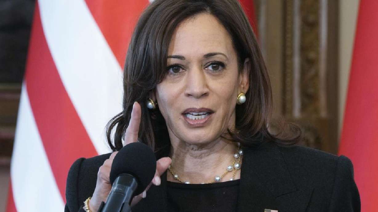 U.S. Vice President Kamala Harris speaks during a joint press conference with Poland's President Andrzej Duda on the occasion of their meeting at Belwelder Palace, in Warsaw, Poland, Thursday.