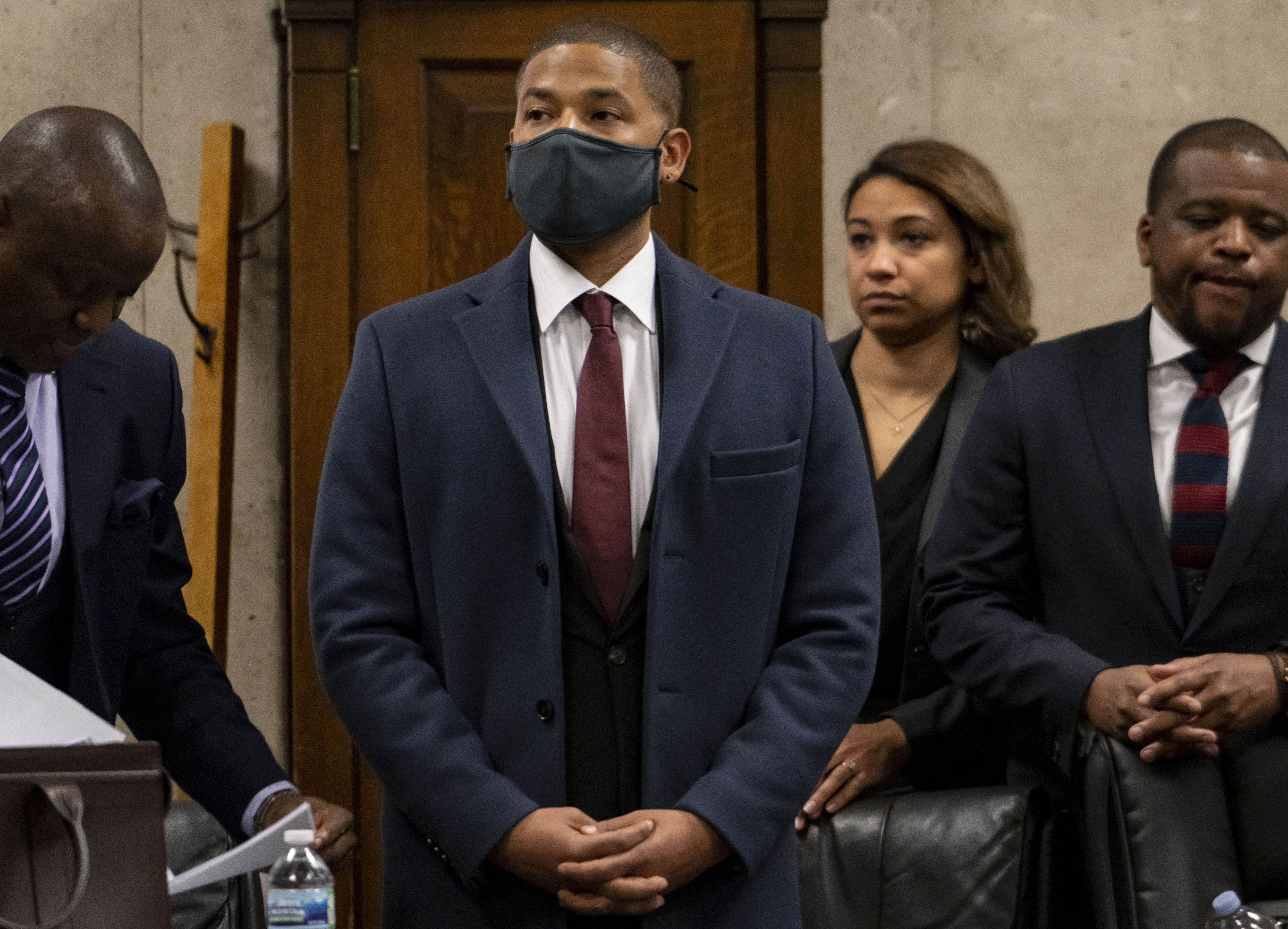 Actor Jussie Smollett appears with his attorneys at his sentencing hearing at the Leighton Criminal Court Building, Thursday, in Chicago.