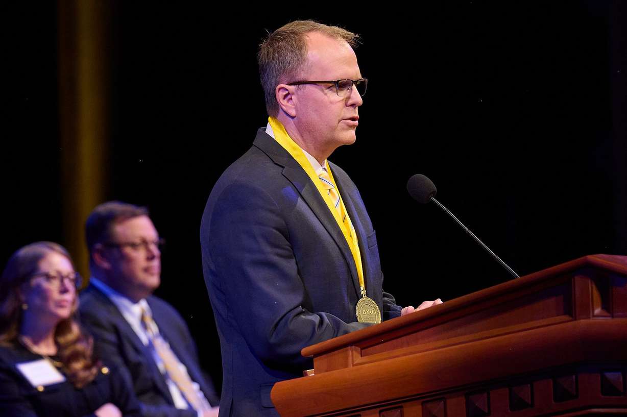 New BYU-Pathway Worldwide President Brian Ashton speaks at his inauguration at the Conference Center of The Church of Jesus Christ of Latter-day Saints in Salt Lake City, Utah, on Thursday, March 10, 2022.