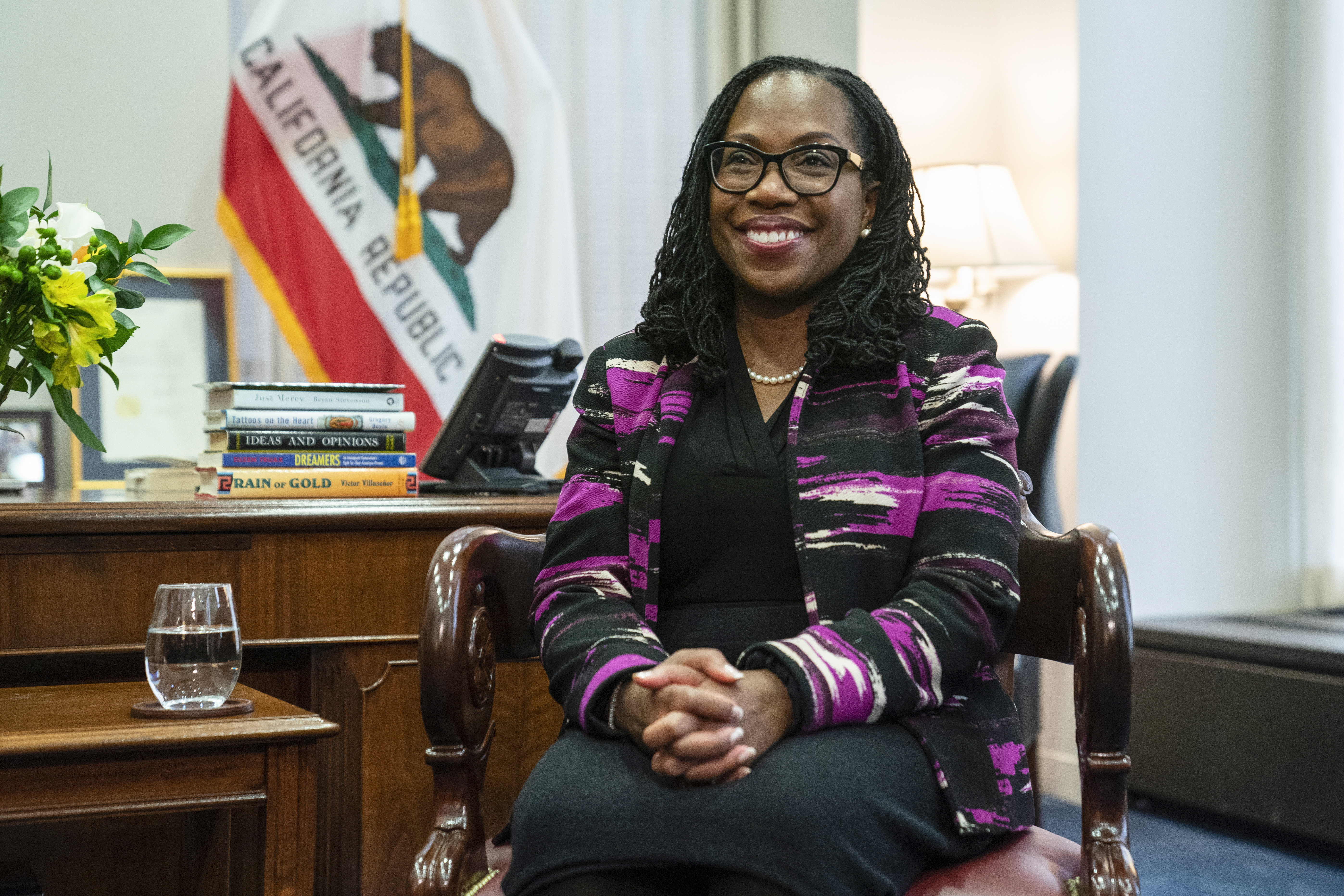 Supreme Court nominee Ketanji Brown Jackson listens during a meeting with Sen. Alex Padilla, D-Calif., on Capitol Hill, Thursday.