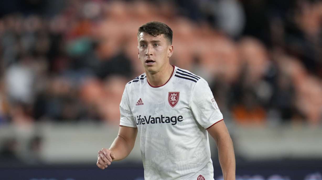 Real Salt Lake forward Tate Schmitt (21) during an MLS soccer match, Sunday, Feb. 27, 2022, in Houston.