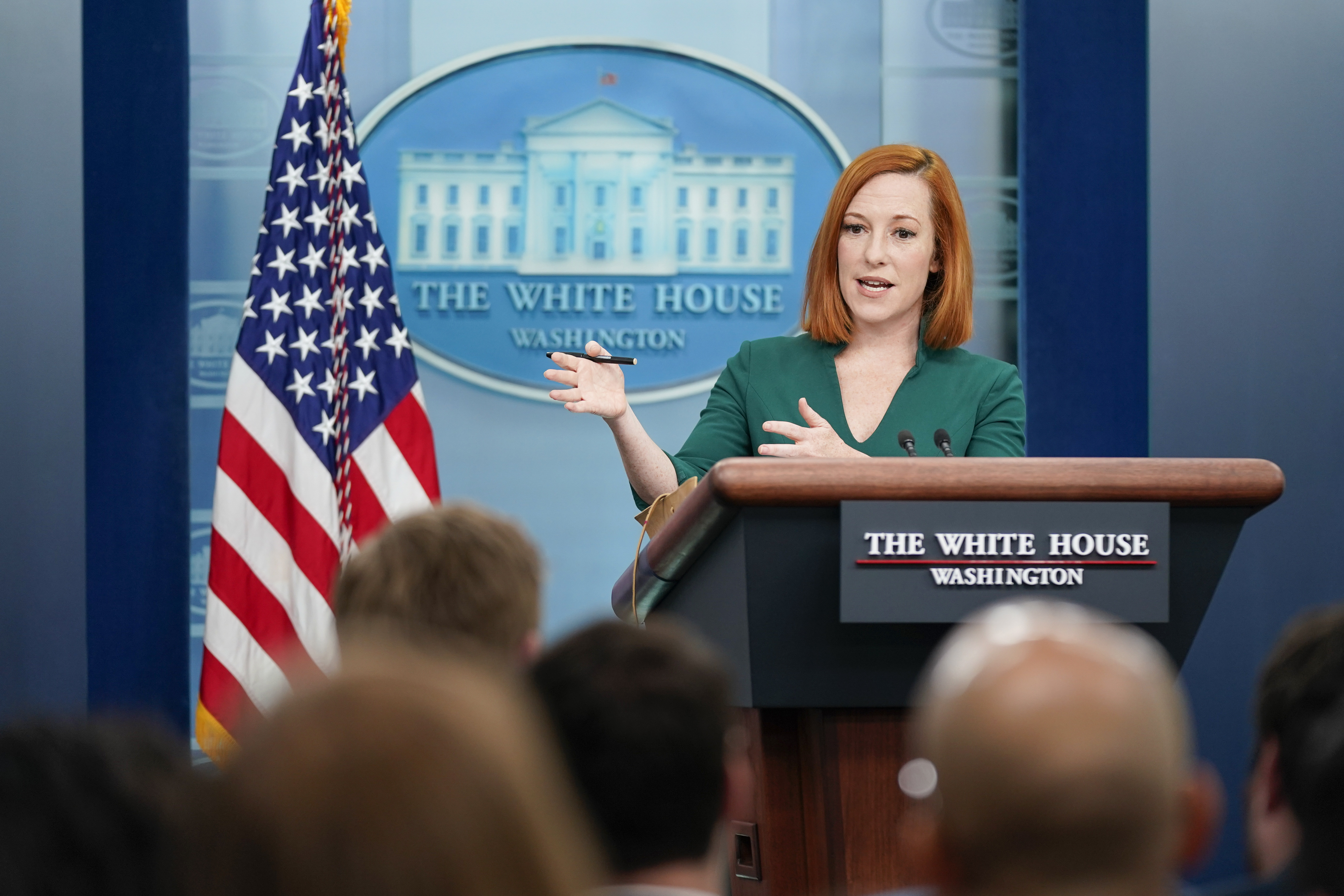 White House press secretary Jen Psaki speaks during a press briefing at the White House, Thursday, in Washington. 
