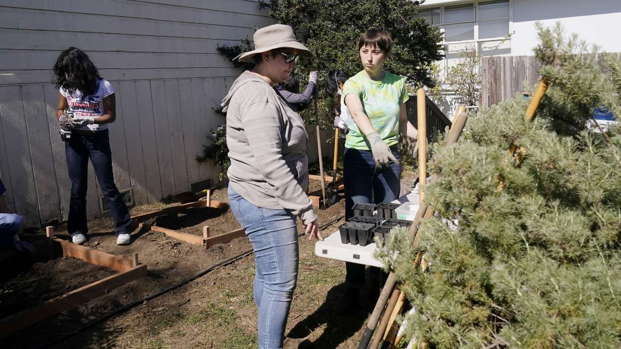 Food Justice Club leader and Lick-Wilmerding High School senior Lucy, right, talks with junior and senior class Dean and Food Justice club moderator Kindra Briggs as students work during a garden maintenance session at the high school in San Francisco, Wednesday.