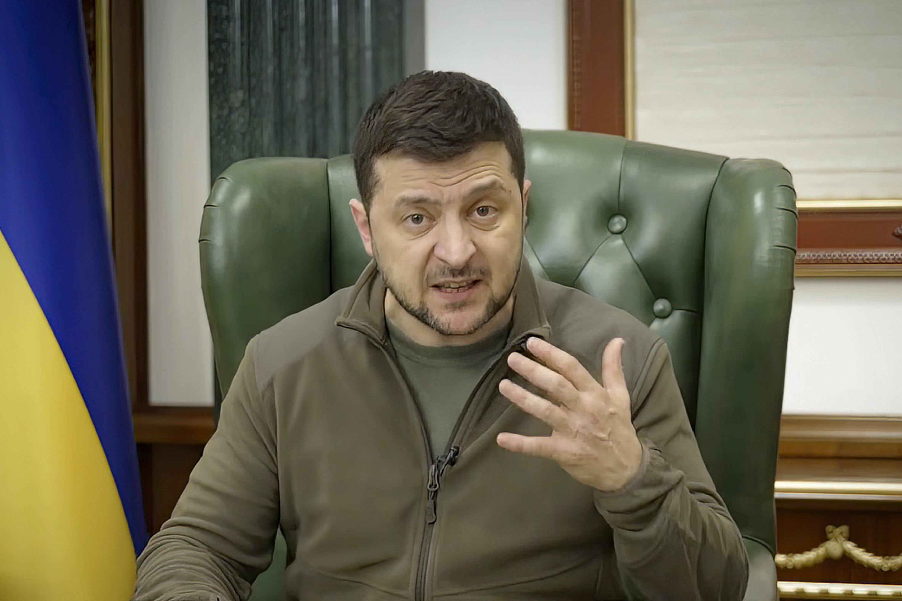 In this image from video provided by the Ukrainian Presidential Press Office and posted on Facebook early Saturday, Ukrainian President Volodymyr Zelenskyy speaks in Kyiv, Ukraine. Zelenskyy will deliver a virtual address to the U.S. Congress Wednesday.