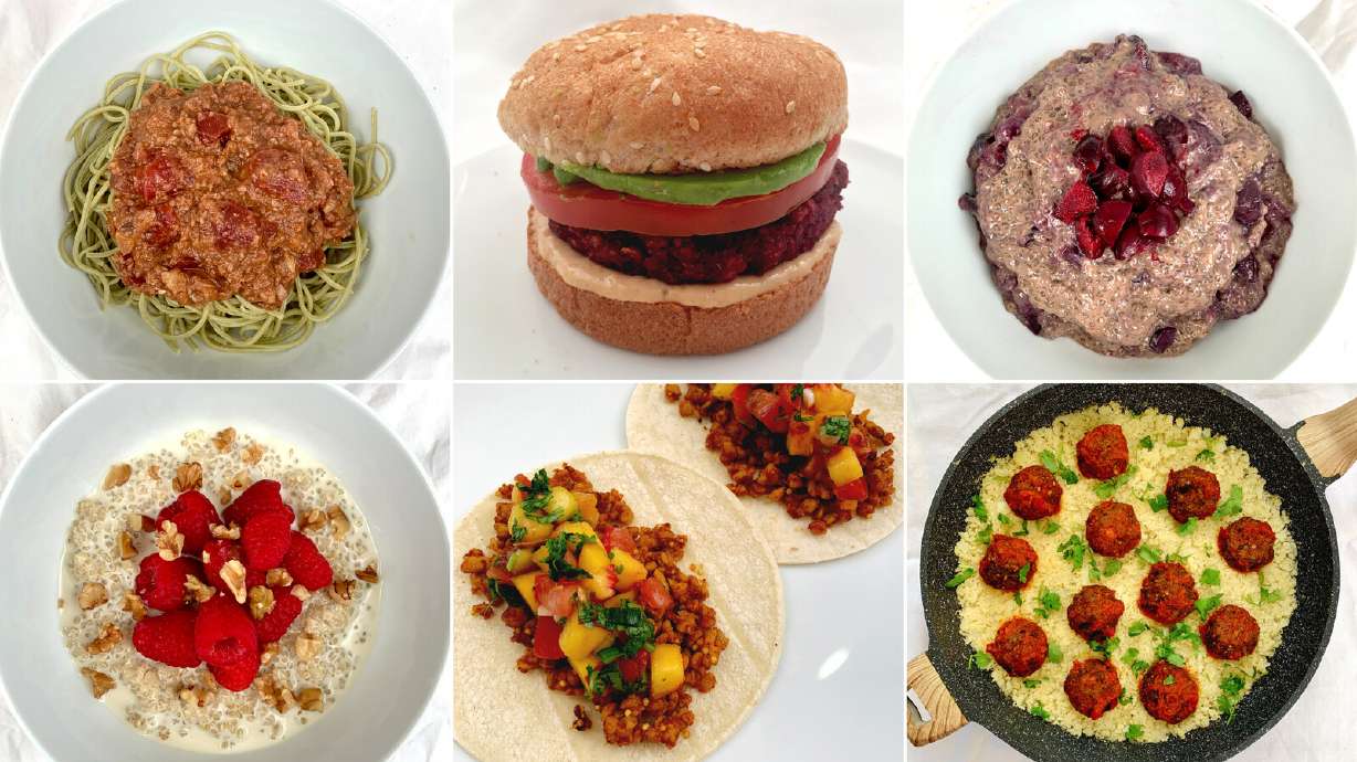 Some healthy food options can include mushroom Bolognese, clockwise from top left, a grain burger, chocolate cherry chia pudding, eggplant meatballs with cauliflower rice, tempeh tacos with peach salsa, and raspberry walnut breakfast quinoa.