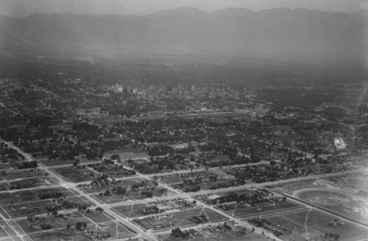 An aerial view of Salt Lake City and the Salt Lake Valley taken in 1950. The city had a population of just over 180,000 in 1950.