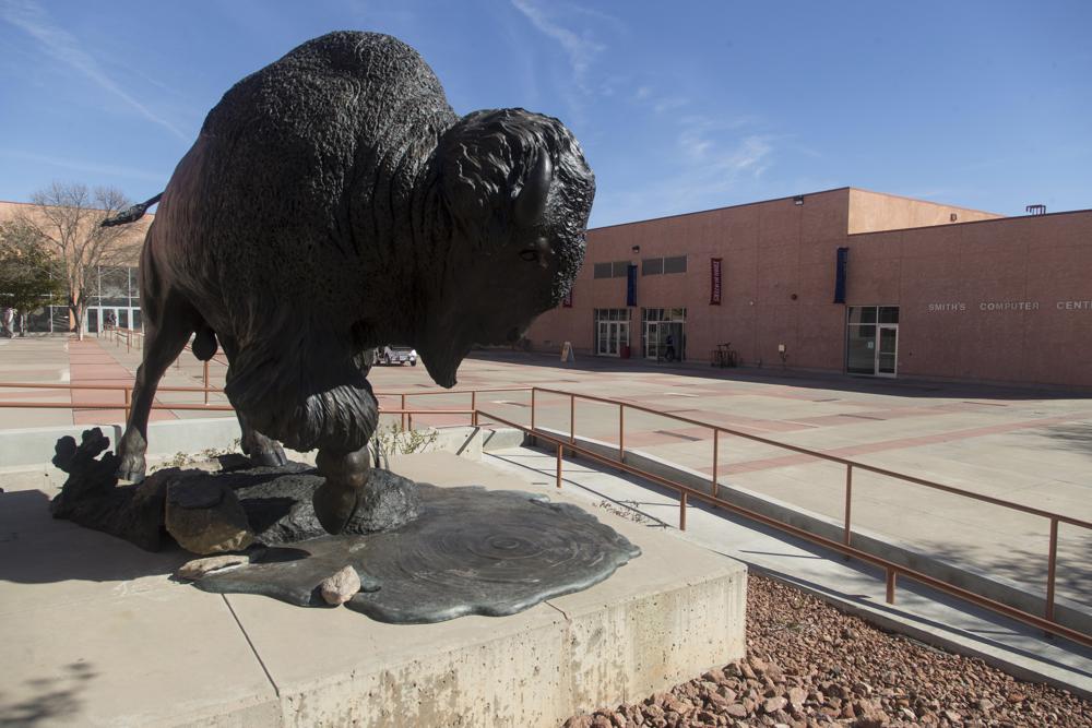 A new bison statue occupies the space that formerly held a confederate stature on Dixie State University campus Wednesday, March 2, 2022, in St. George, Utah. Another symbolic change took place this week at what will in a few months officially become Utah Tech University. Crews at DSU installed a new bigger-than-life statue of a bison on campus, right in the spot where a controversial statue depicting Confederate soldiers once stood, the Spectrum reported.