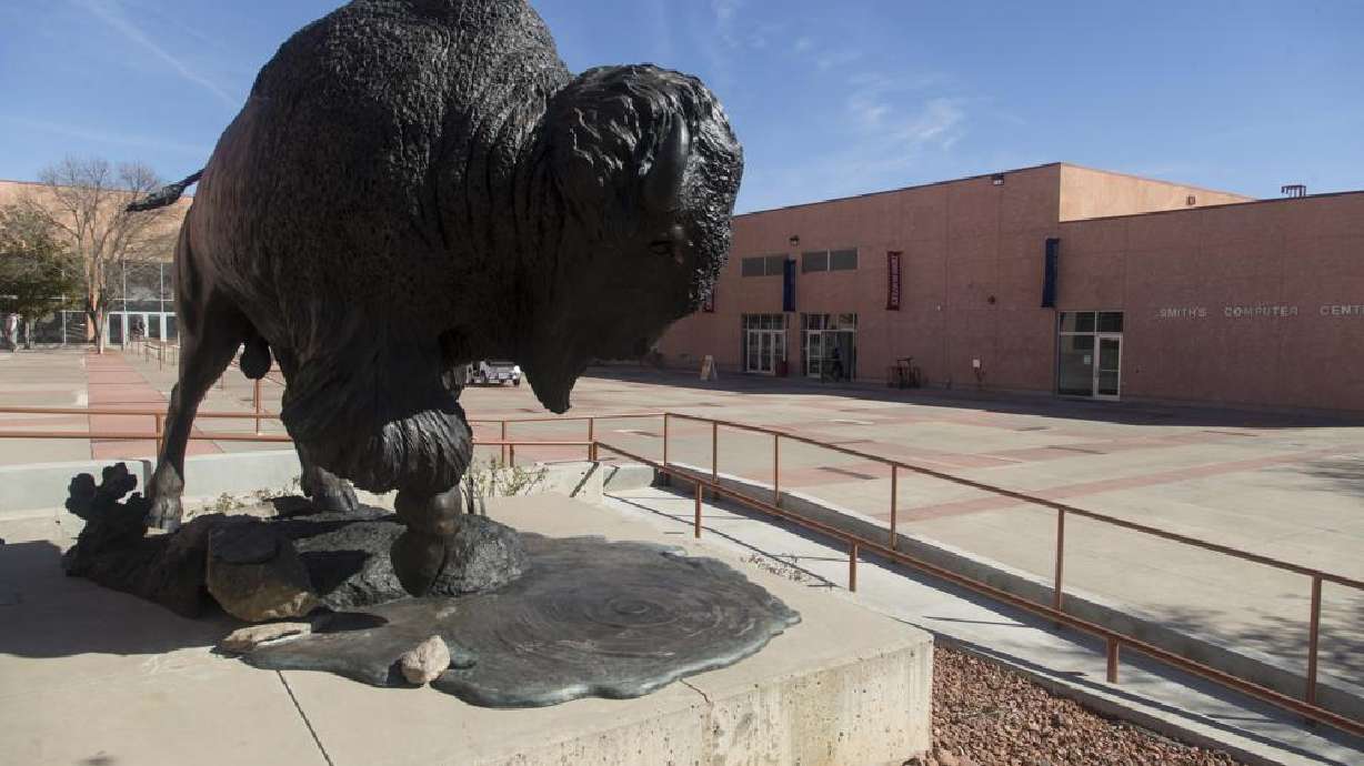 A new bison statue occupies the space that formerly held a confederate stature on Dixie State University campus Wednesday, March 2, 2022, in St. George, Utah. Another symbolic change took place this week at what will in a few months officially become Utah Tech University. Crews at DSU installed a new bigger-than-life statue of a bison on campus, right in the spot where a controversial statue depicting Confederate soldiers once stood, the Spectrum reported.