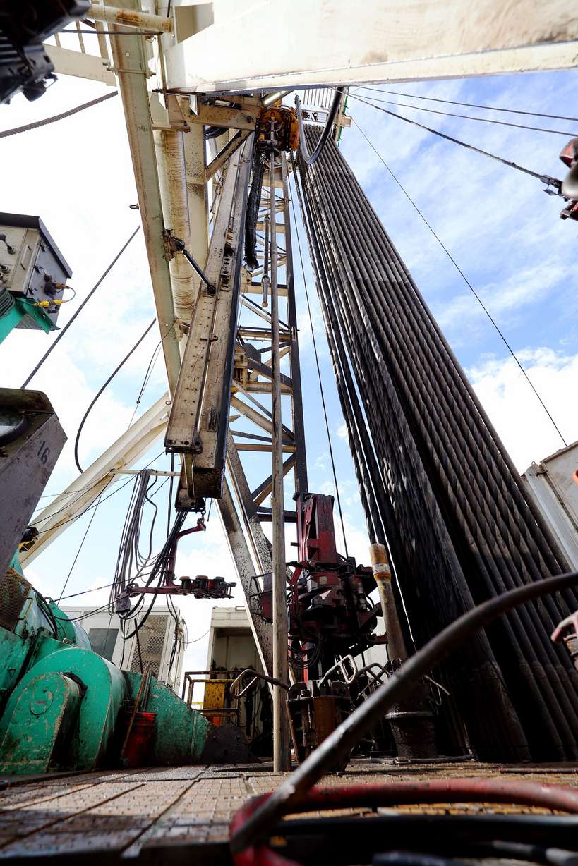 An oil rig drills a well near Roosevelt on Sunday.