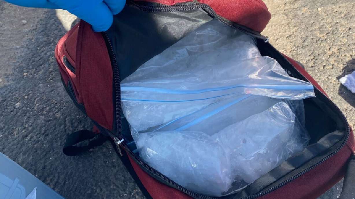 Several large plastic bags of suspected methamphetamine allegedly recovered from vehicle during traffic stop on Interstate 15 in St. George, Sunday.
