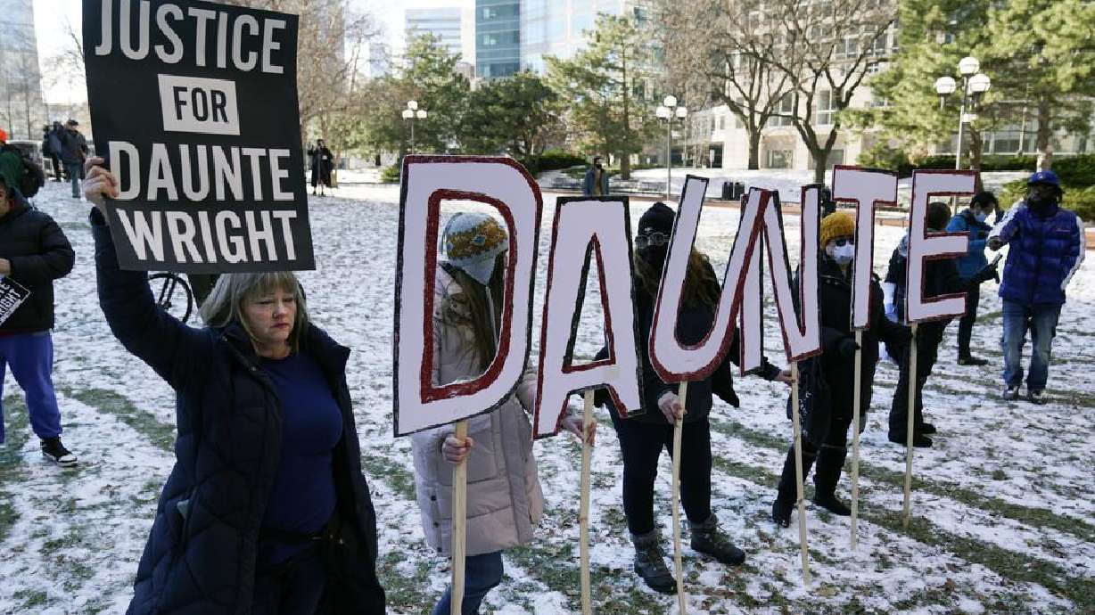 Demonstrators gather at the Hennepin County Government Center in Minneapolis where jurors found former suburban Minneapolis police officer Kim Potter guilty in the death of motorist Daunte Wright on Dec. 23, 2021. Few Americans believe there has been significant progress over the last 50 years in achieving equal treatment for Black people in dealings with police and the criminal justice system, a new poll says.