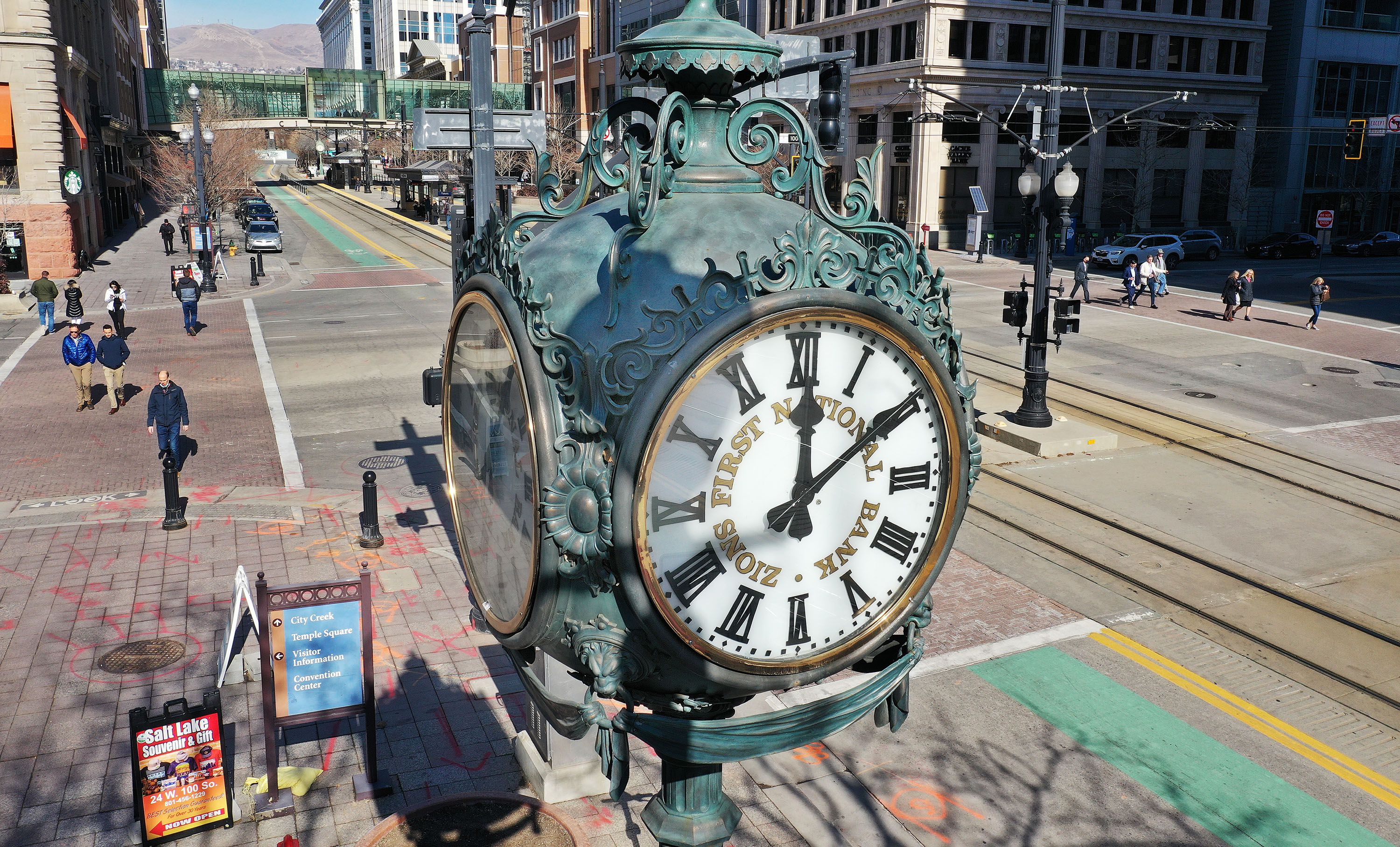 The Zions Bank clock on Main Street in Salt Lake City on Tuesday, Feb. 8, 2022. A bill on daylight saving time is being discussed in the 2022 Utah Legislature.