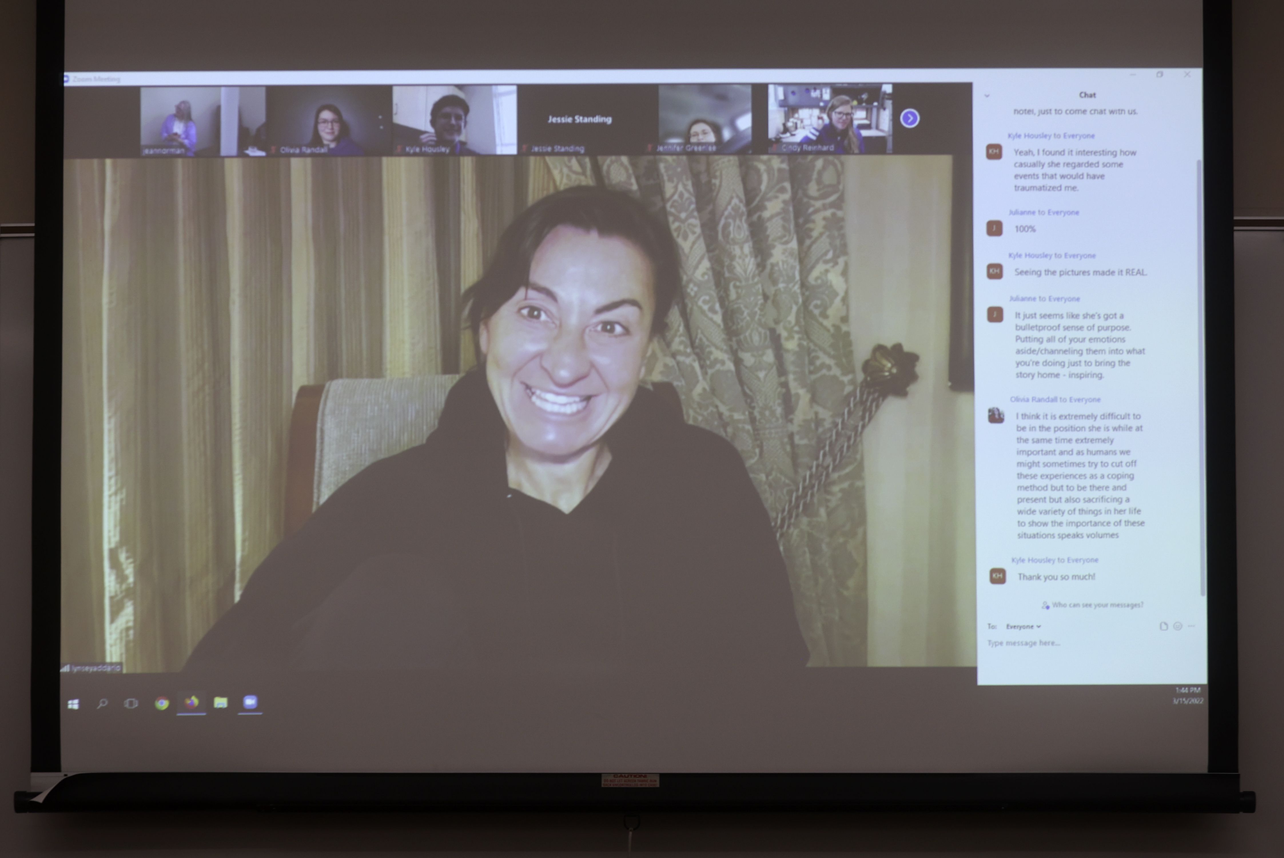 Photojournalist Lynsey Addario, who is currently covering the war in Ukraine for The New York Times, smiles as she is thanked for taking the time to talk about her work during a video call with Weber State students and staff in the university’s Elizabeth Hall in Ogden on Tuesday.