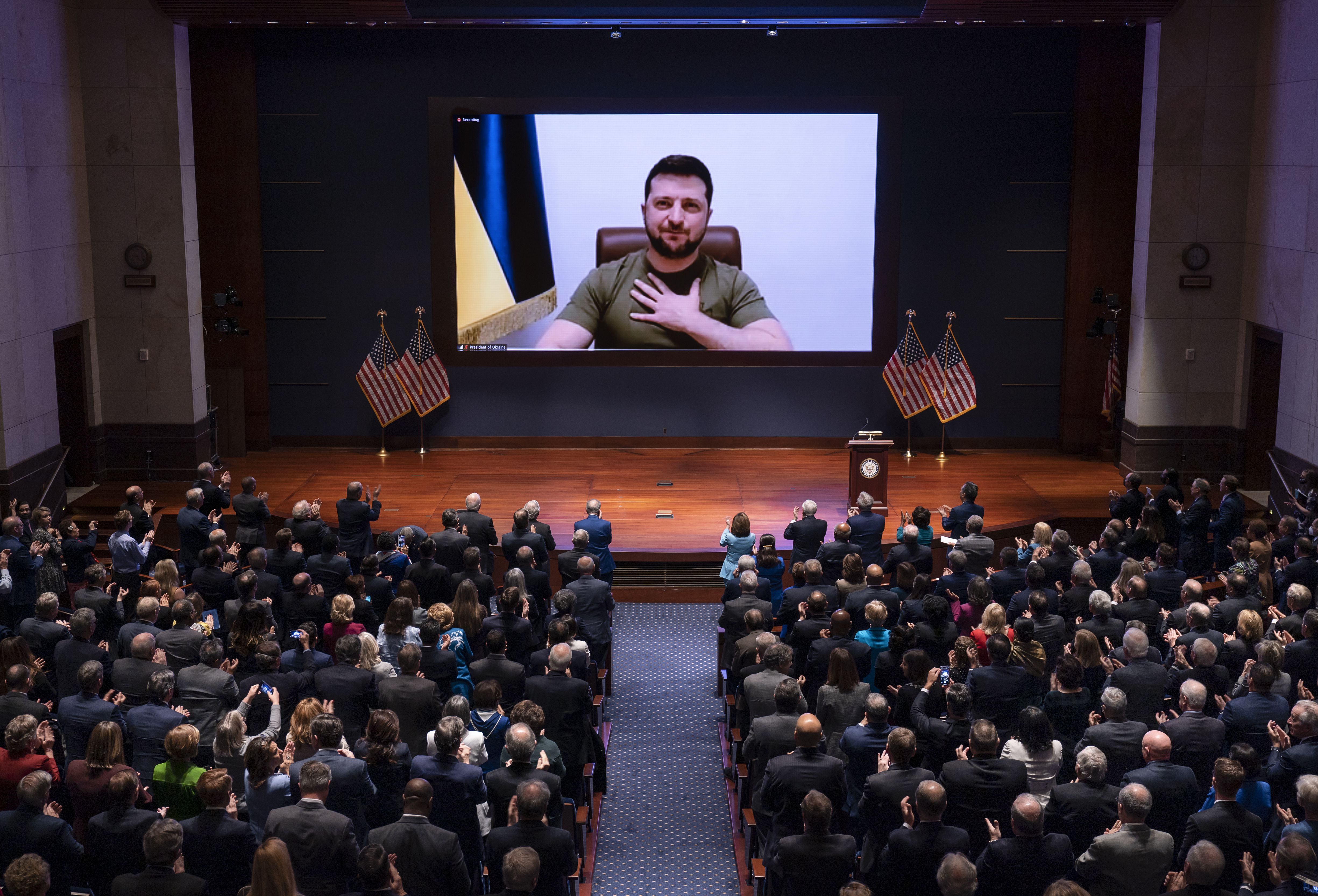 Ukrainian President Volodymyr Zelenskyy speaks to the U.S. Congress by video to plead for support as his country is besieged by Russian forces, at the Capitol in Washington on Wednesday.