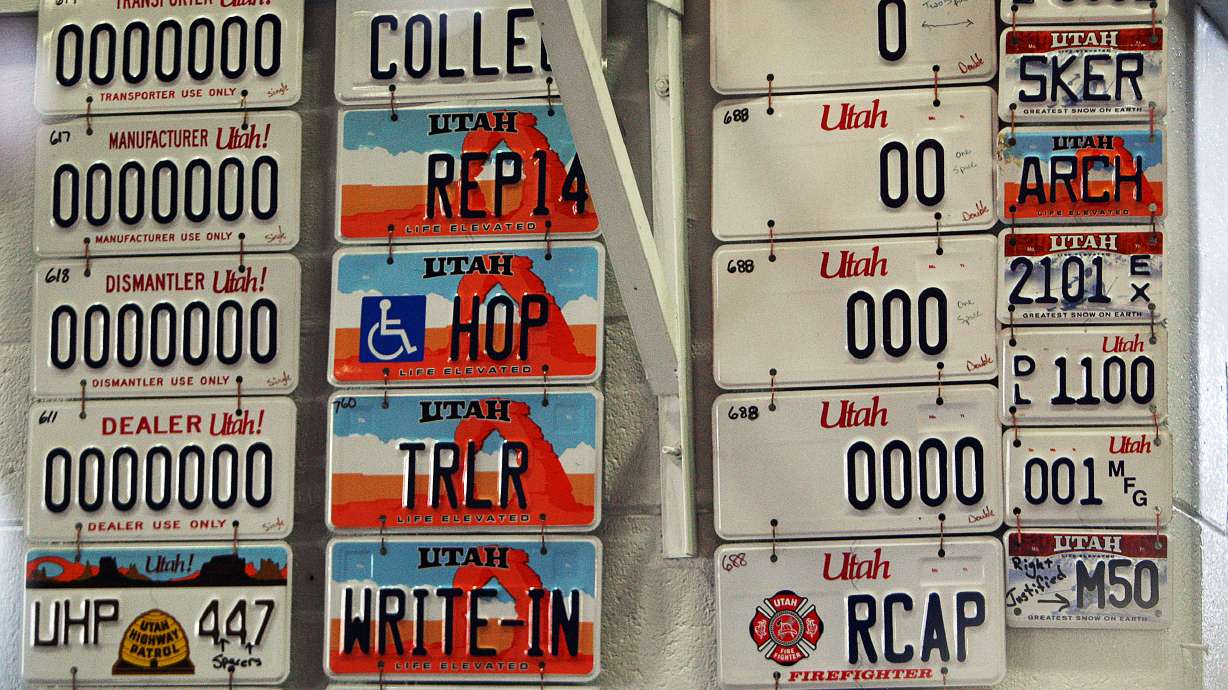 License plates on the wall in an area where the plates were manufactured at the Utah State Prison in Draper on March 5, 2014. A proposed Utah bill seeks to outline what language is and isn't acceptable on personalized licenses.