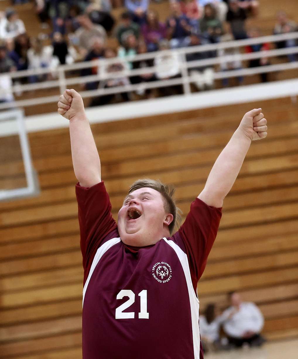 Northridge Knights’ David Lindsay celebrates after scoring in the Special Olympics Utah Unified Sports tournament at Clearfield High School on Wednesday. Teams from eight Davis School District high schools competed in the tournament.