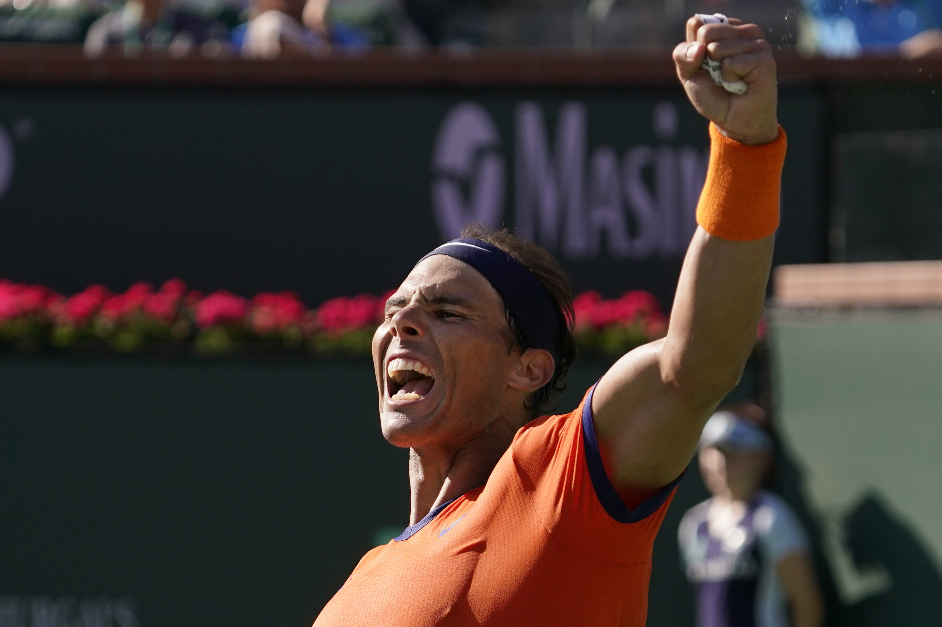 Rafael Nadal, of Spain, celebrates after defeating Reilly Opelka at the BNP Paribas Open tennis tournament Wednesday, March 16, 2022, in Indian Wells, Calif. 