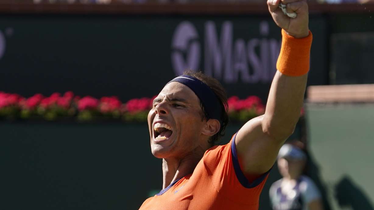Rafael Nadal, of Spain, celebrates after defeating Reilly Opelka at the BNP Paribas Open tennis tournament Wednesday, March 16, 2022, in Indian Wells, Calif.