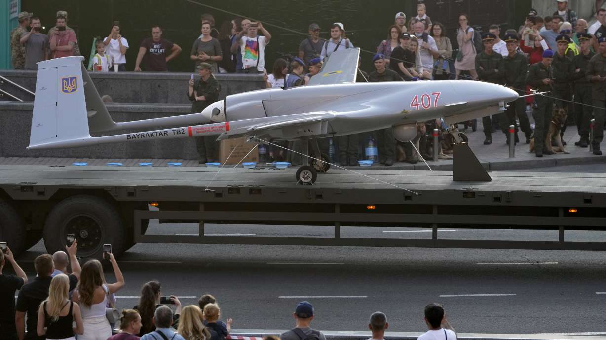 A Turkish-made Bayraktar TB2 drone is displayed during a rehearsal of a military parade dedicated to Independence Day in Kyiv, Ukraine, Aug. 20, 2021. The drones, which carry lightweight, laser-guided bombs, have carried out unexpectedly successful attacks in the early stages of Ukraine's conflict with Russia.