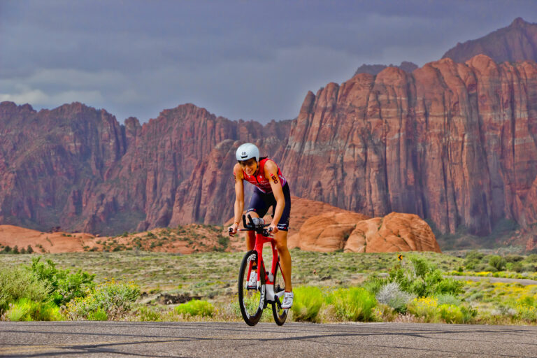 Ironman triathlete Heather Wurtele cycling through Snow Canyon State Park, May 7, 2016.
