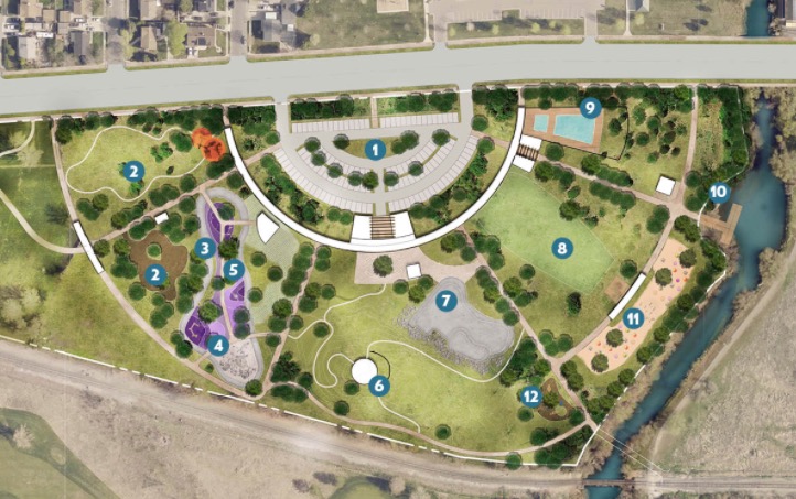 A rendering of "The Glendale Green" concept for Glendale Regional Park. This concept leans more on gathering spaces to connect neighbors but also includes activities for all ages of visitors.