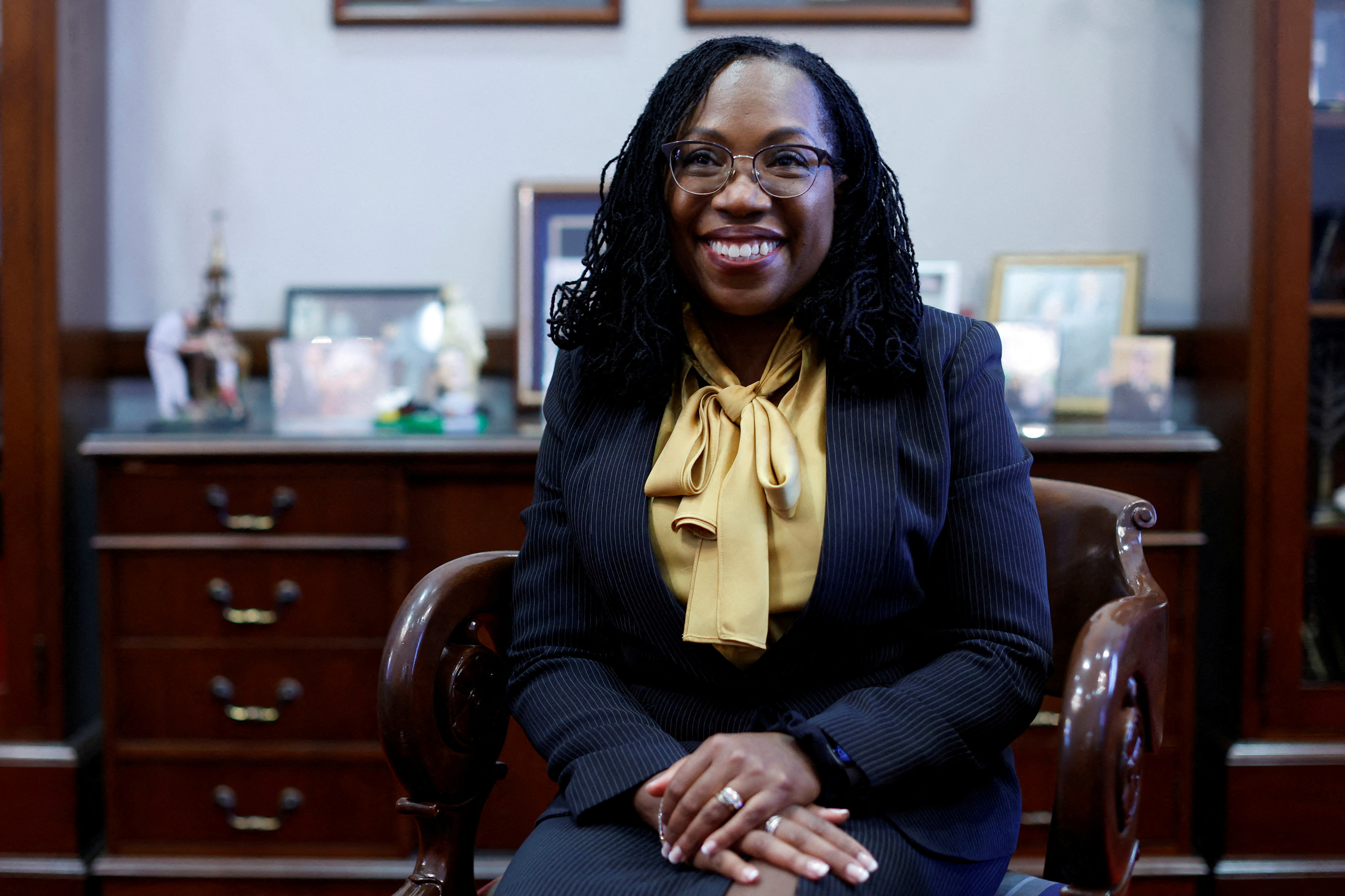 U.S. Supreme Court nominee and federal appeals court Judge Ketanji Brown Jackson meets with Sen. Chuck Grassley in his office in Washington, March 2. Jackson may face questions in her Senate confirmation hearings about whether race plays a role in how she does her job as a judge.