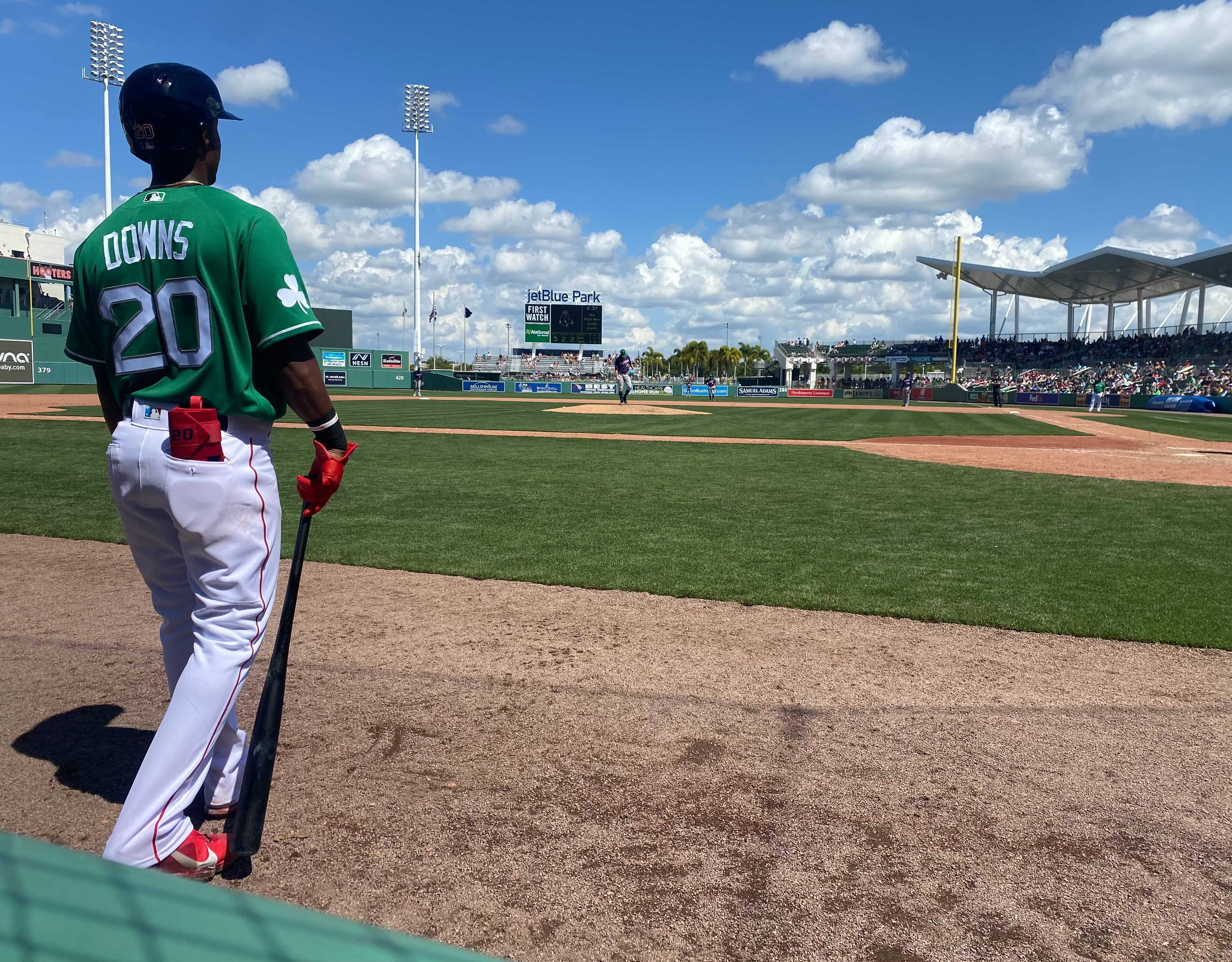 Boston Red Sox' Jeter Downs waits to bat during a spring training baseball game against the Minnesota Twins at JetBlue Park in Fort Myers, Fla., Thursday, March 17, 2022. The Boston Red Sox wore St. Patrick's Day green for their spring debut. 