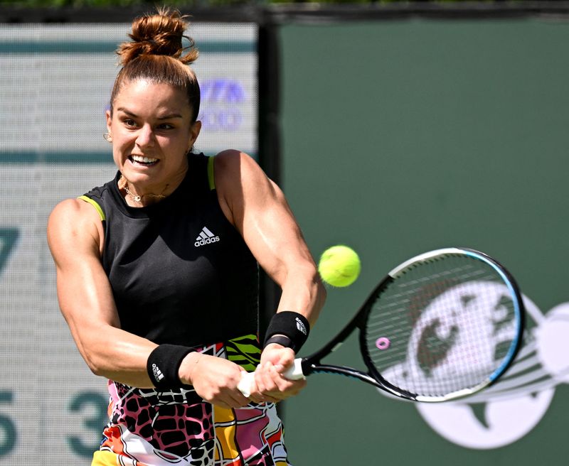Mar 17, 2022; Indian Wells, CA, USA;  Maria Sakkari (GRE) hits a shot in her quarterfinal match defeating Elena Rybakina (KAZ) at the BNP Paribas Open at the Indian Wells Tennis Garden.