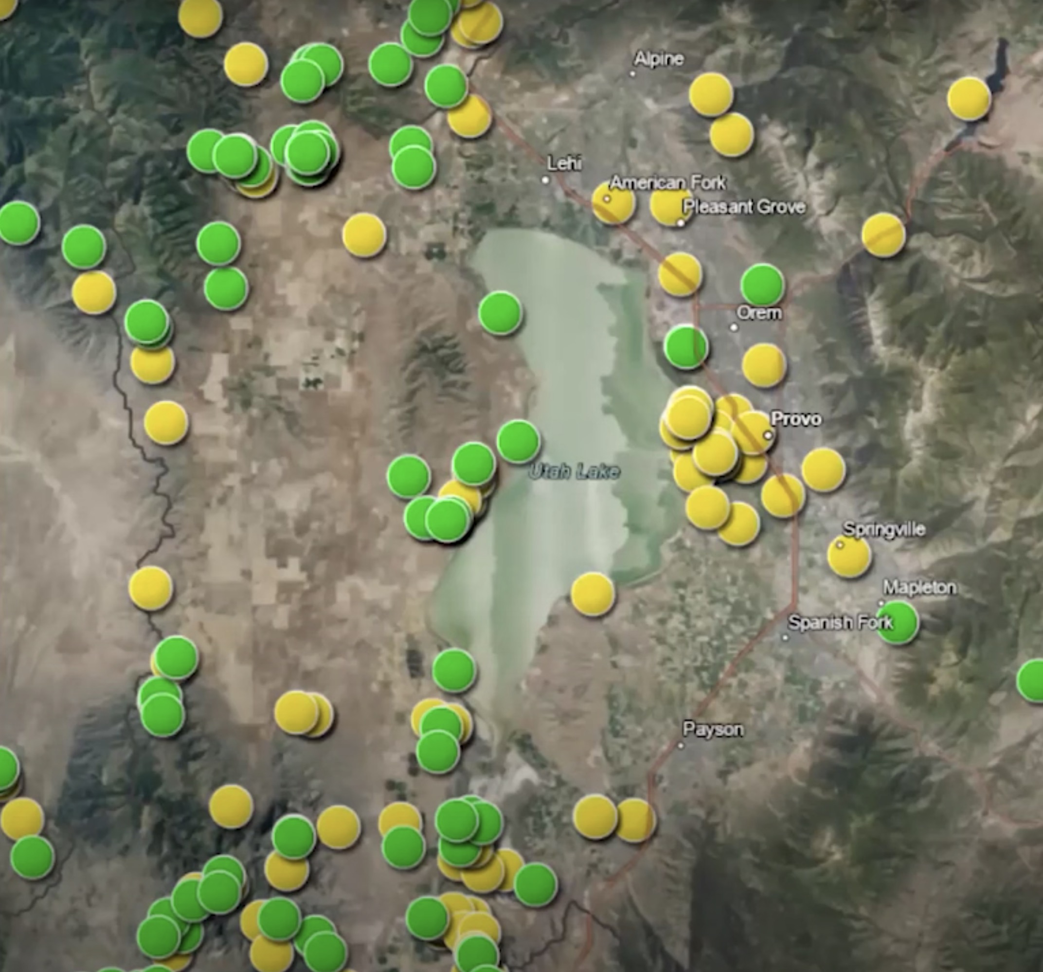 A map of prehistoric sites found around Utah Lake. The green dots represents Archaic Period sites; the Fremont Period sites are in yellow.
