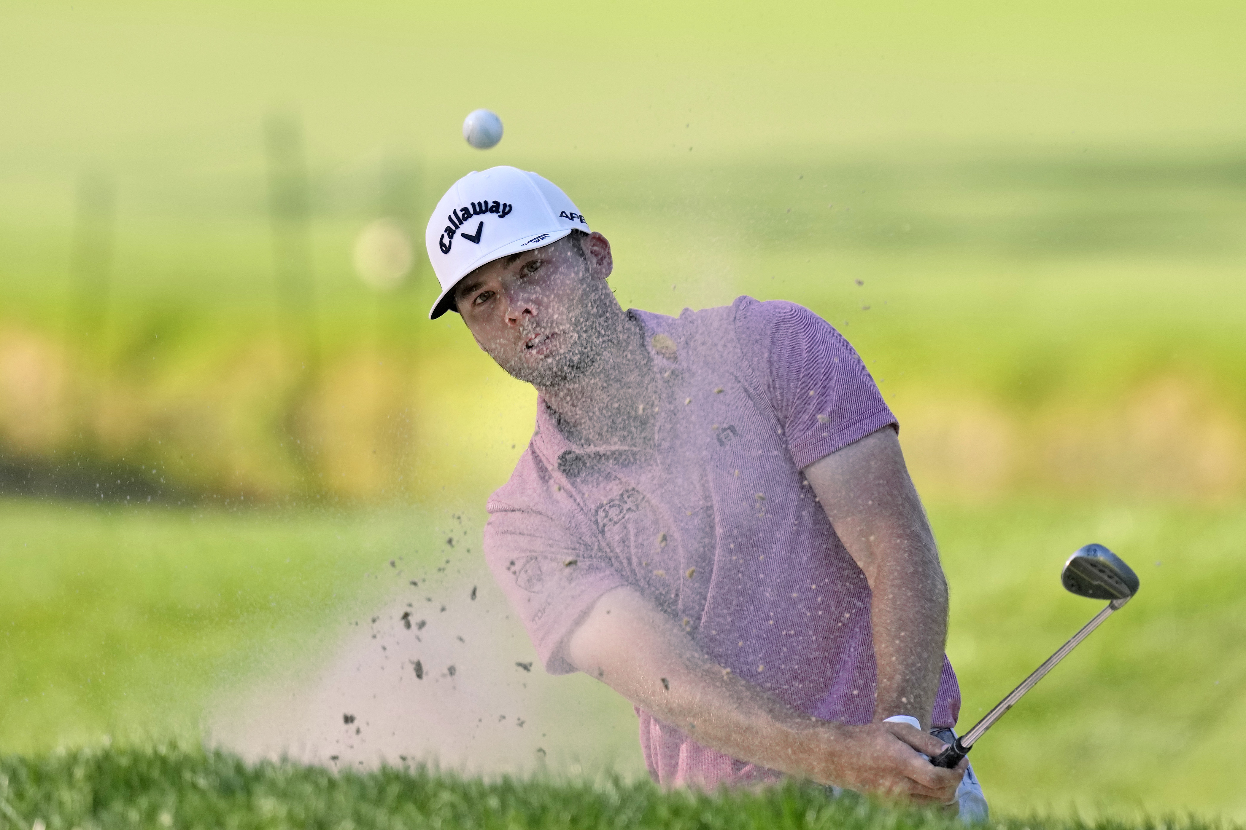 Sam Burns hits from the sand trap on the 16th hole during the first round of the Valspar Championship golf tournament Thursday, March 17, 2022, at Innisbrook in Palm Harbor, Fla.