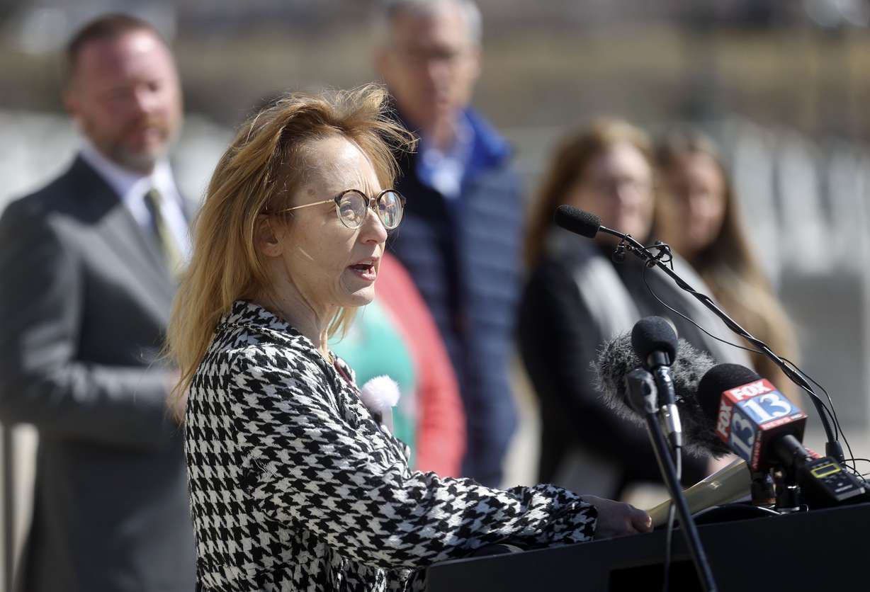 Catherine Weller, League of Women Voters of Utah president, speaks during a press conference to announce a lawsuit to block the state of Utah from implementing the congressional redistricting map that passed legislature and to reinstate the independent redistricting committee and follow anti-gerrymandering requirements, outside of the Capitol in Salt Lake City on Thursday.