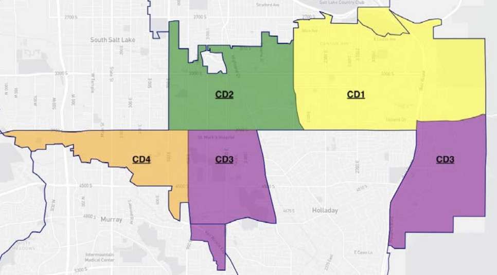 A graphic included in the legal filing for League of Women Voters of Utah v. Utah State Legislature shows how the city of Millcreek was divided into four separate congressional districts.