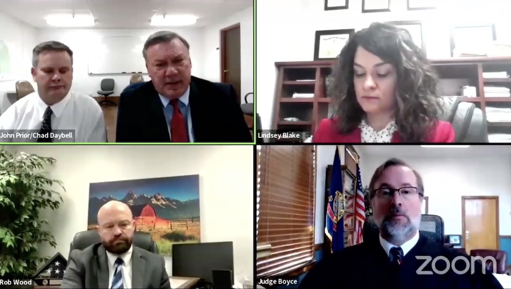 Chad Daybell and attorney John Prior, Fremont County Prosecuting Attorney Lindsey Blake, Madison County Prosecuting Attorney Rob Wood and District Judge Steven Boyce meet over Zoom Friday.