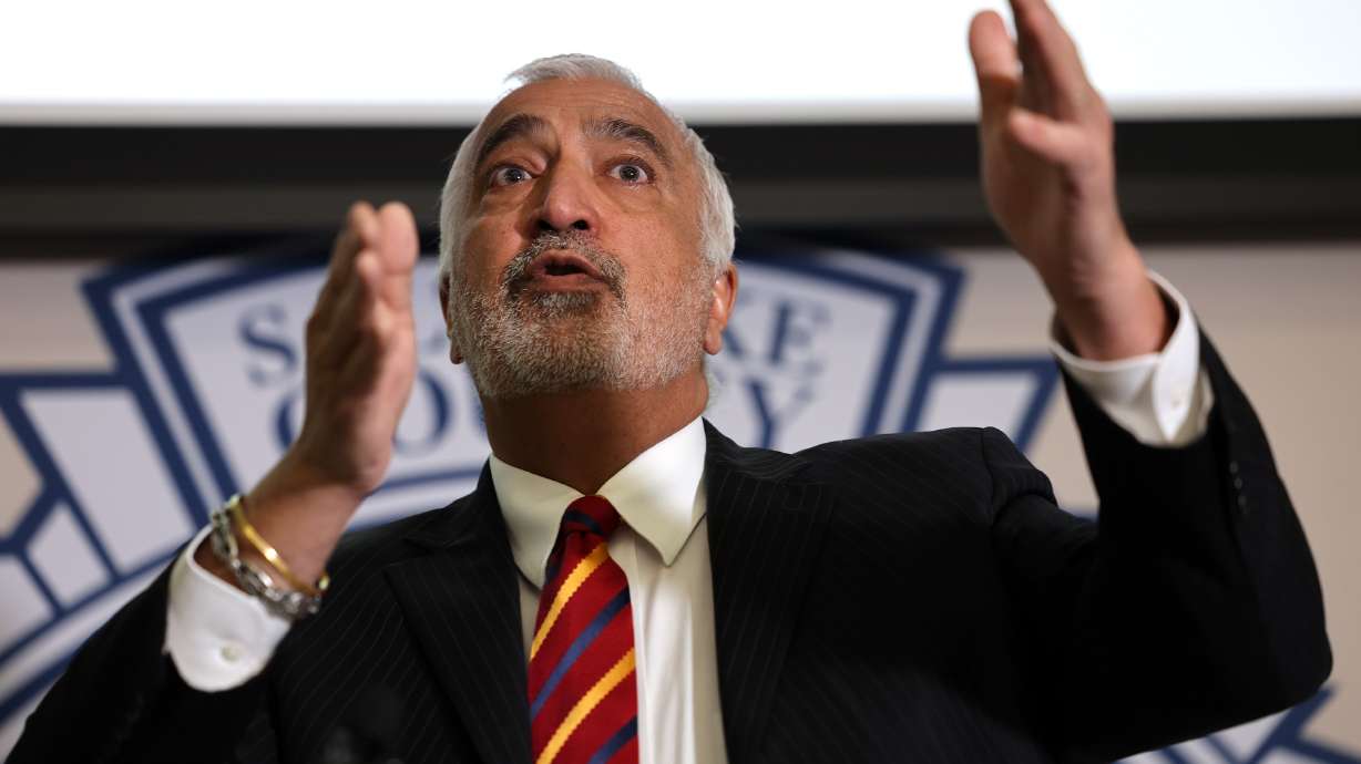 Salt Lake County District Attorney Sim Gill speaks during a press conference at the Salt Lake County District Attorney’s Office building in Salt Lake City on Friday about two agents from the State Bureau of Investigation who were were found legally justified in shooting and injuring a wanted fugitive on Dec. 17, 2020.