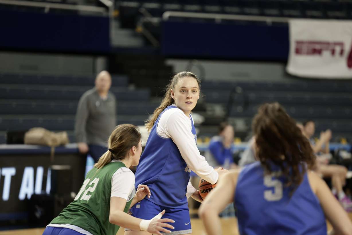 BYU guard Tegan Graham looks to pass during practice on Friday ahead of the first round of the NCAA women's basketball tournament in Ann Arbor, Michigan.